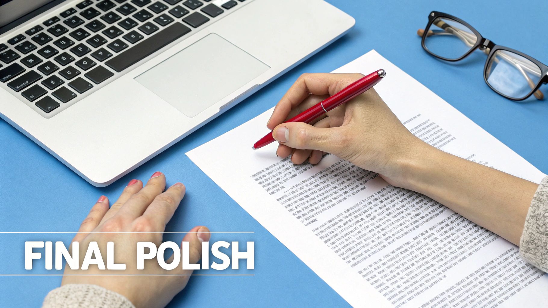 Person's hands writing with a red pen on a document, laptop and glasses nearby, symbolizing final polish.