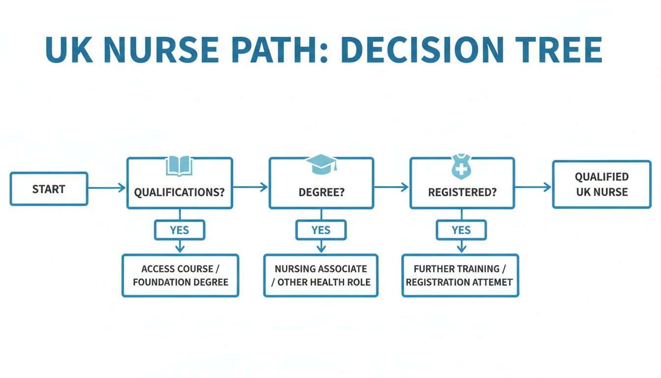 Flowchart illustrating the decision path and steps to become a qualified registered nurse in the UK.