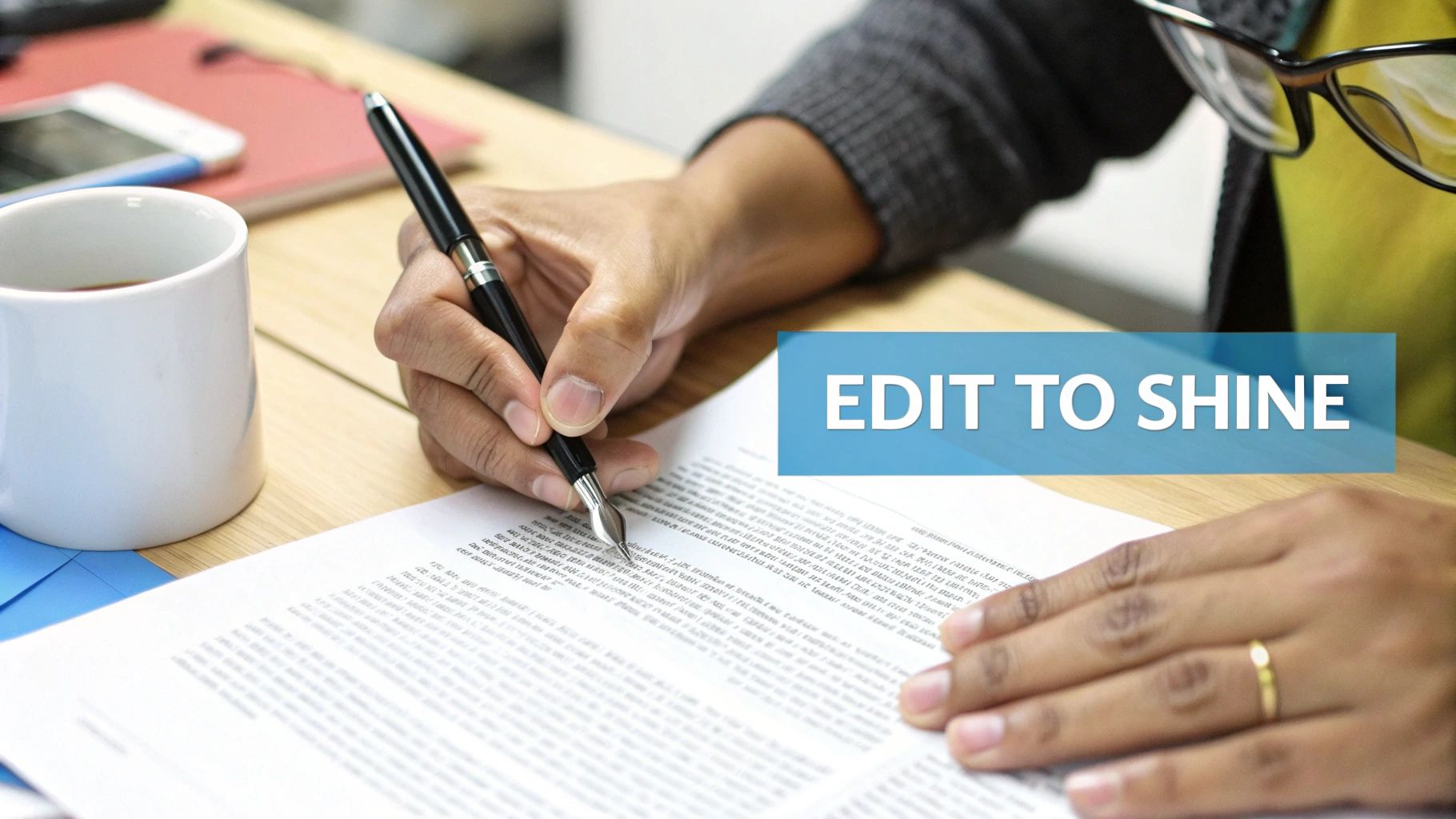 A desk with a laptop, notebook, and a red pen, showing the final editing process of a personal statement.