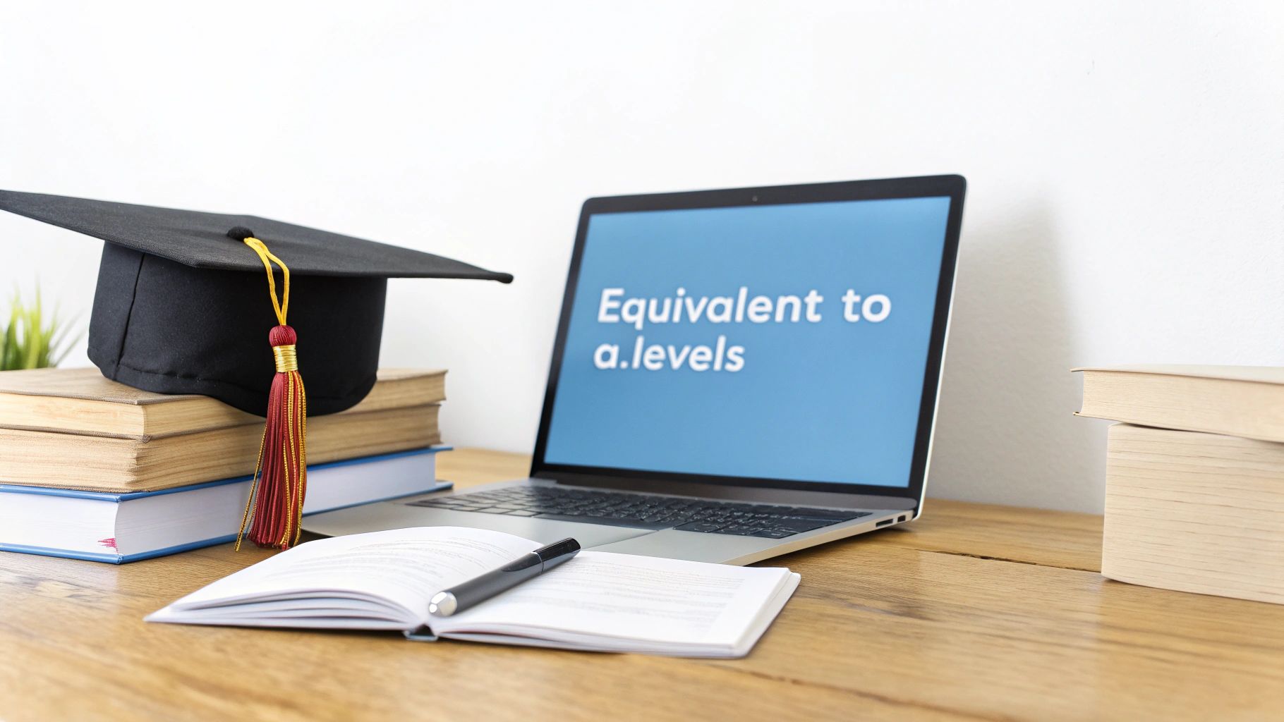 A graduation cap on a stack of books next to a laptop displaying 'Equivalent to a.levels'.
