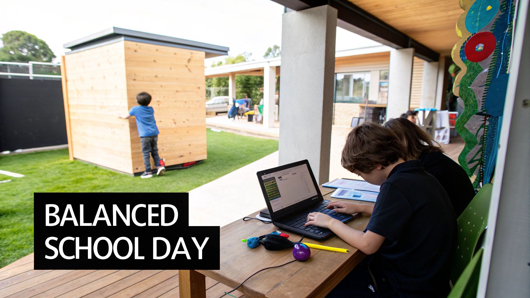 Children learning both indoors on a laptop and outdoors, reflecting a balanced school day.