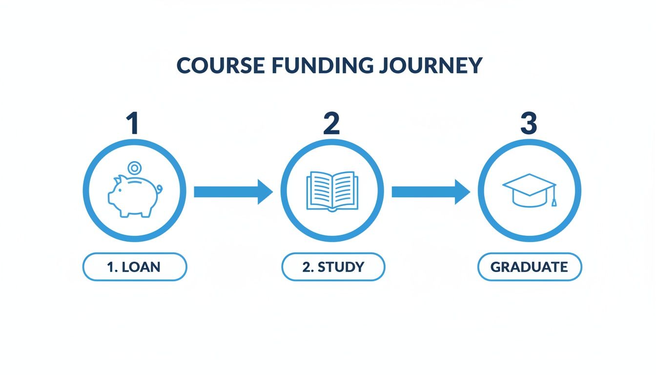 Flowchart illustrating a three-step course funding journey: loan, study, and graduate.