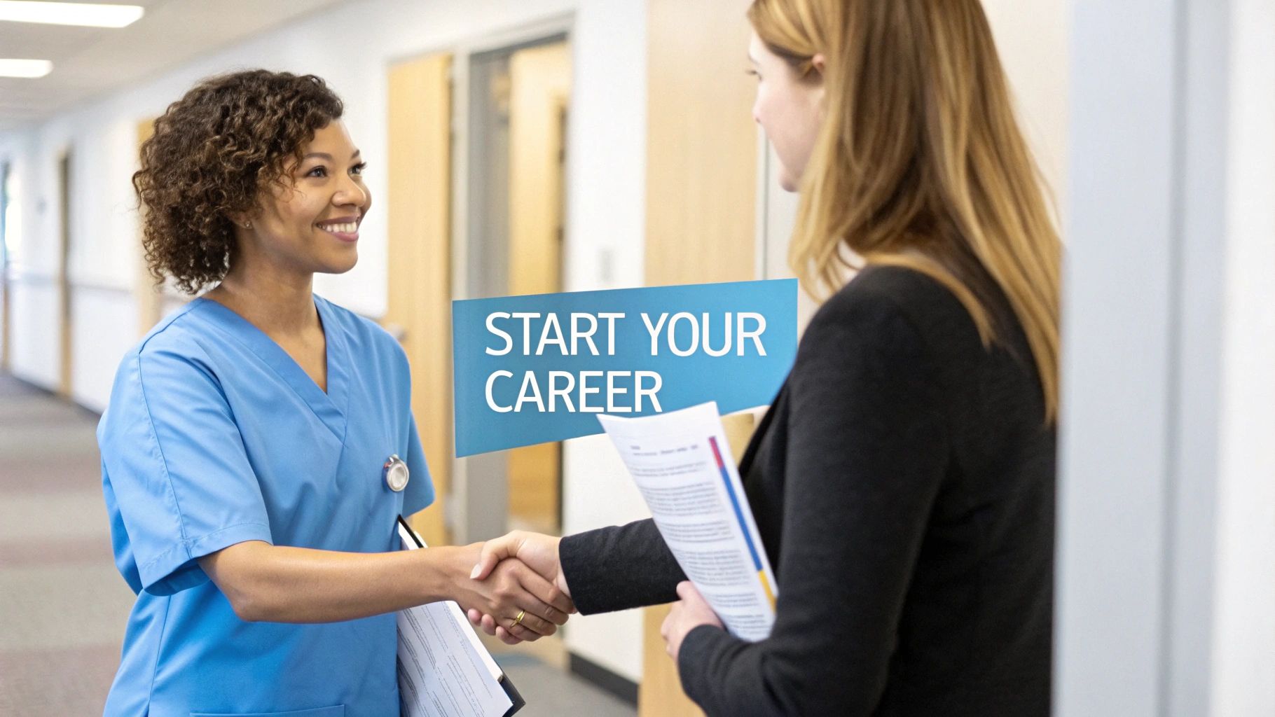Newly qualified nurse smiling in a hospital corridor, holding a tablet.
