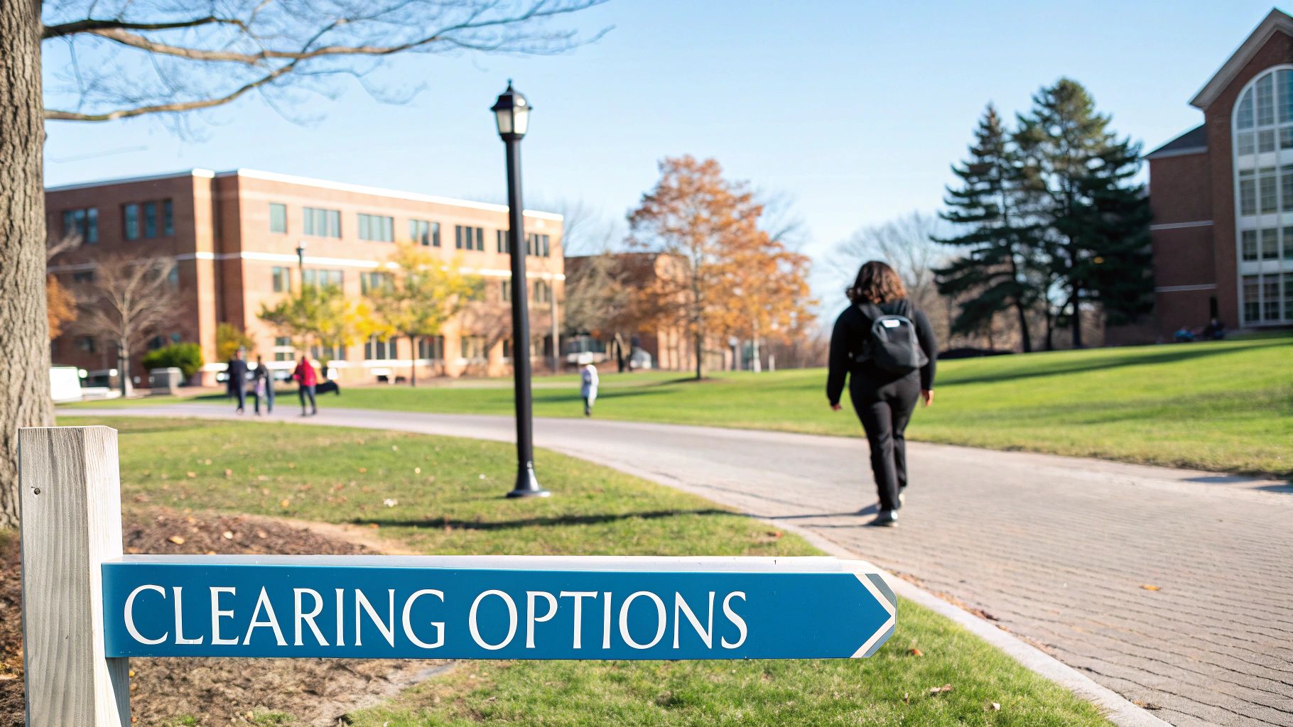 A student walks on a university campus path past buildings and a 'Clearing Options' sign.