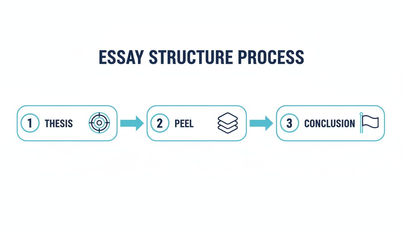 A flowchart illustrates the three-step essay structure process: Thesis, PEEL, and Conclusion.