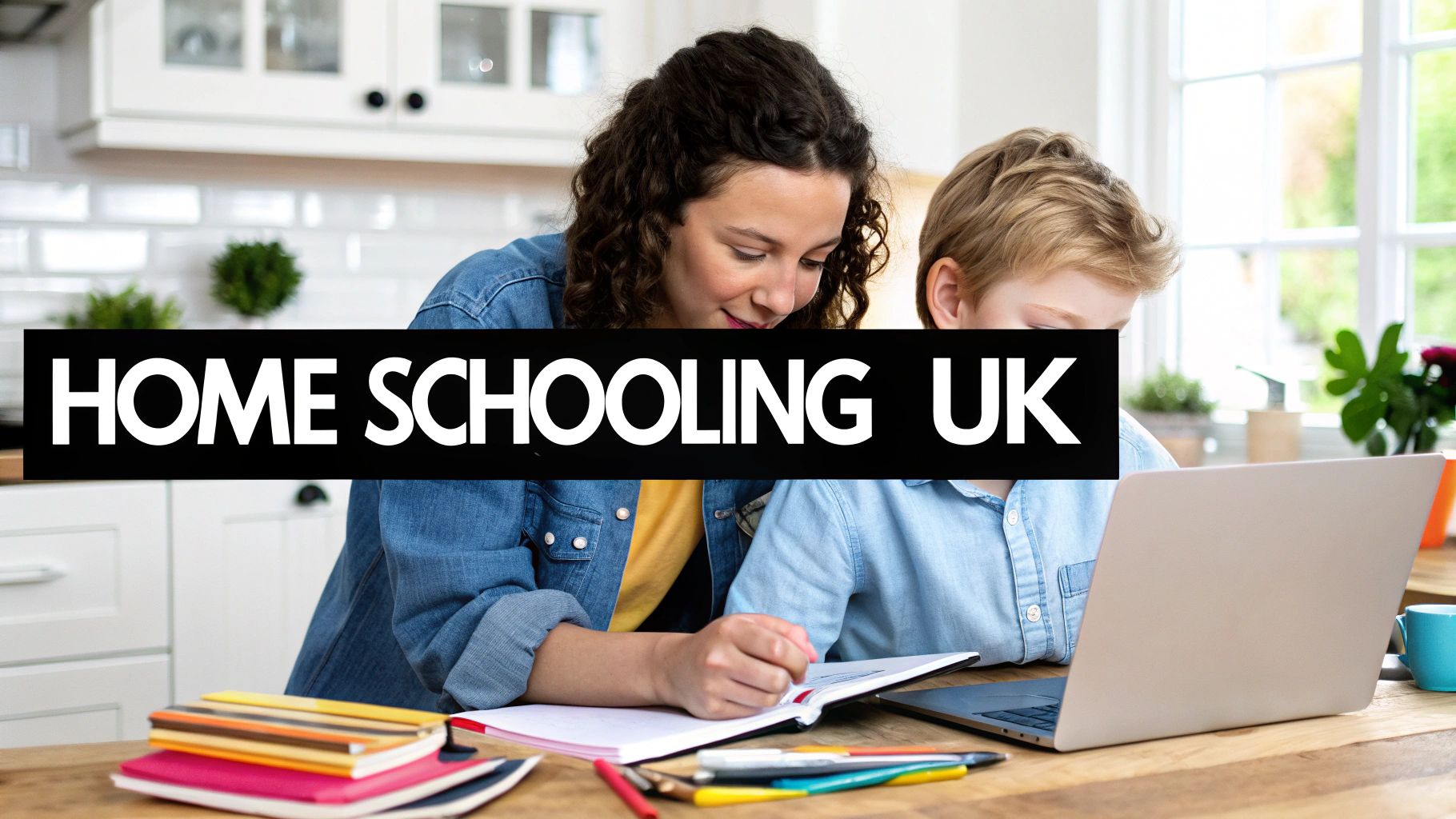 A child smiling while learning at home with a parent, illustrating a positive home schooling environment.