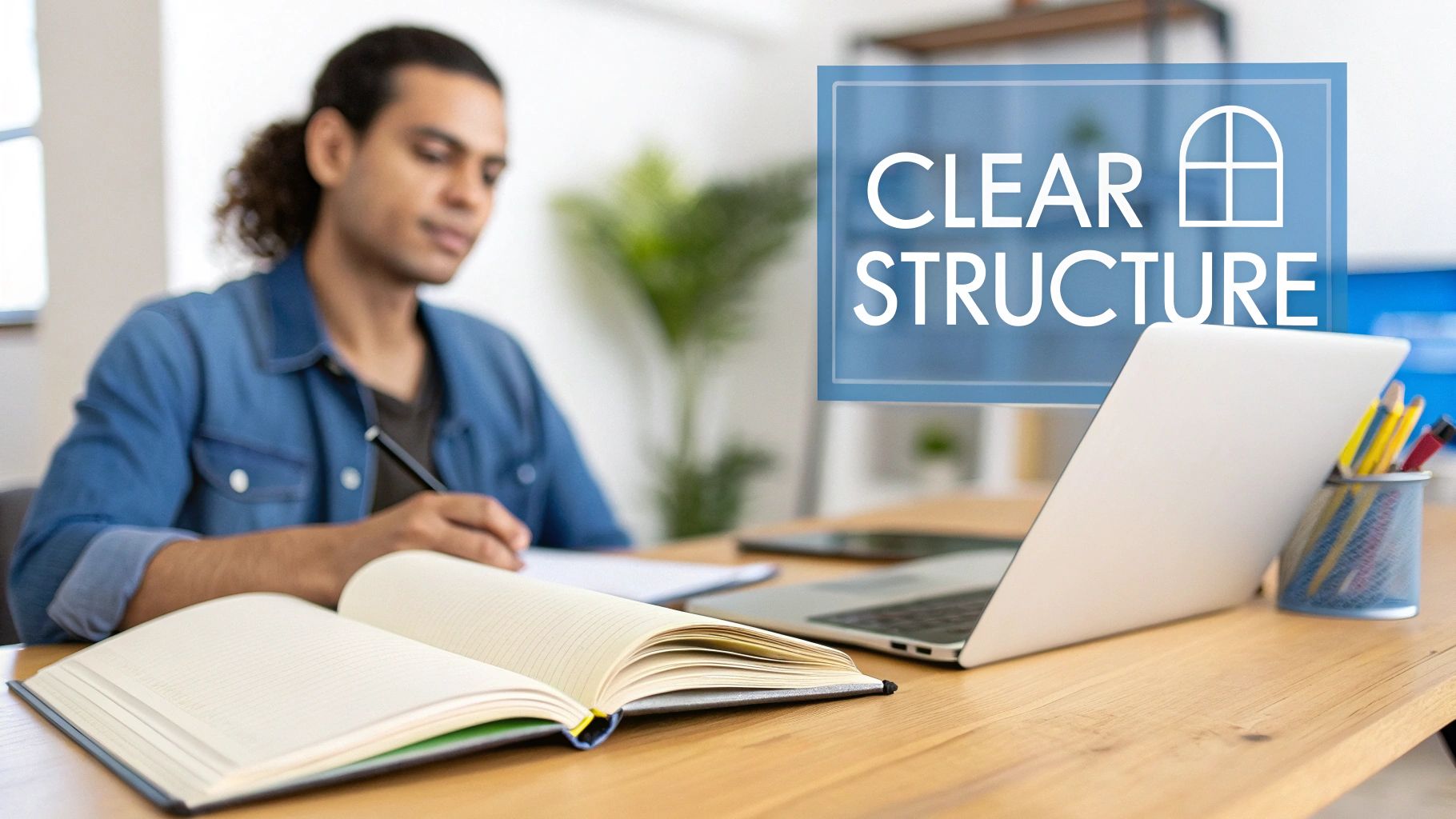 Man writing in a notebook at a desk with a laptop, overlaid with 'CLEAR STRUCTURE' text.
