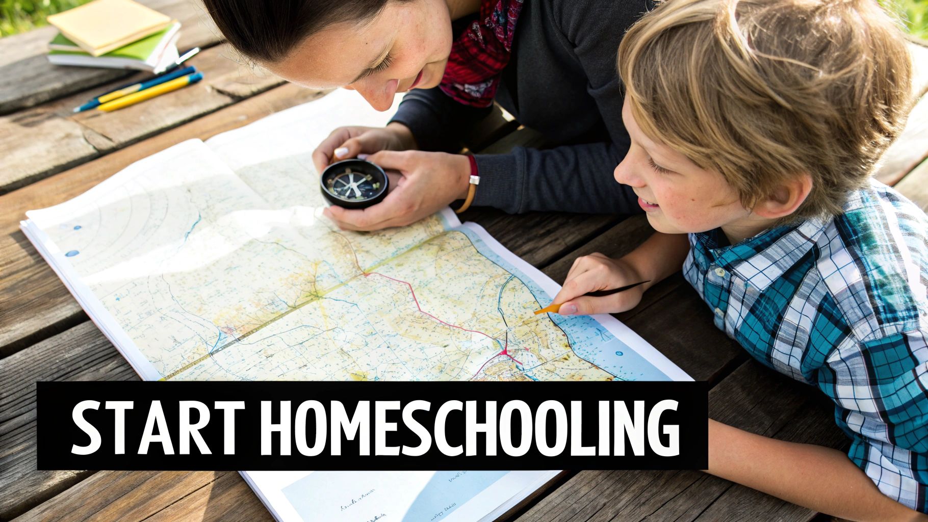 A child happily engaged in homeschooling activities with a parent.