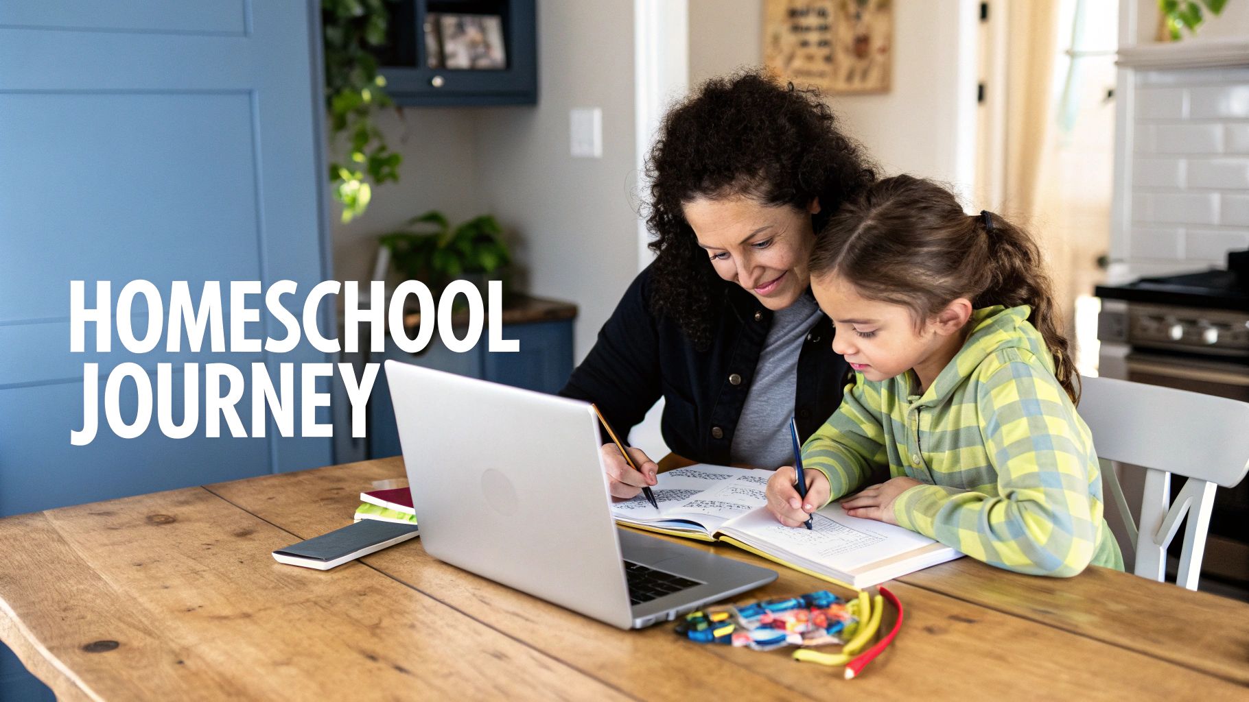 A mother and daughter engaged in a homeschooling lesson, writing in notebooks at a wooden table.