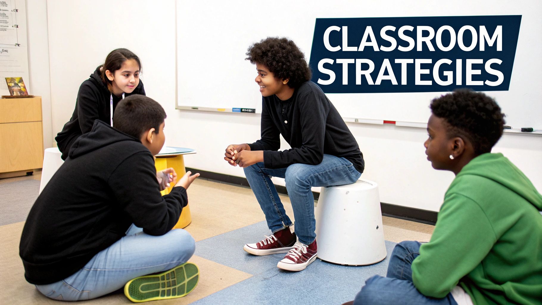 Four students in a bright classroom engaging in an active group discussion.