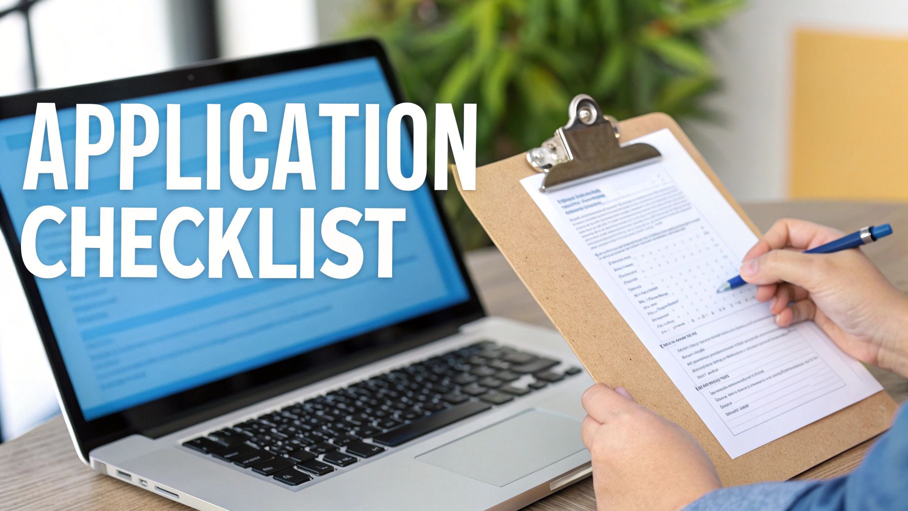 Person reviewing application checklist on clipboard next to laptop for online degree program