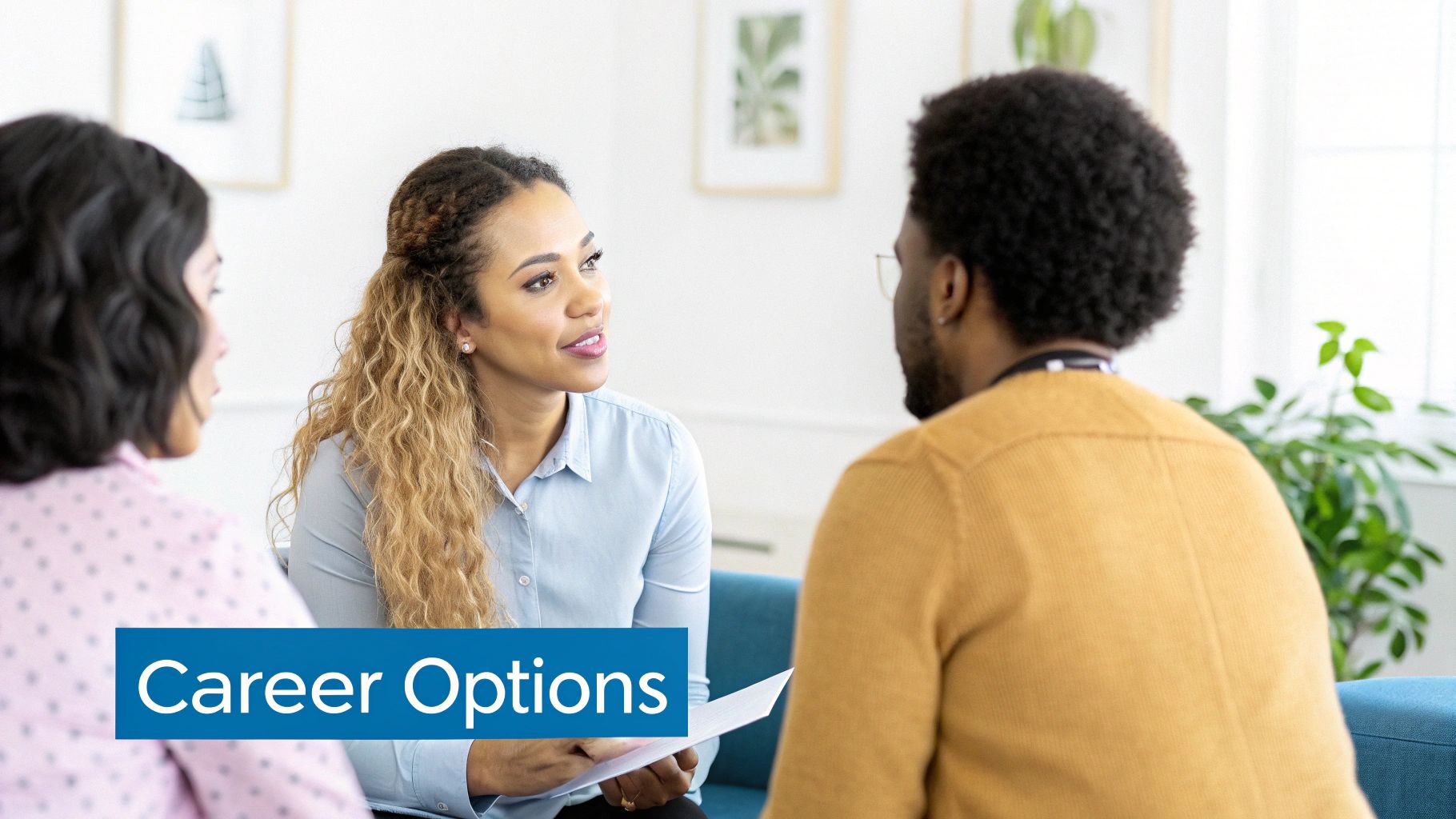 A career counselor discusses career options with two clients in a bright office.