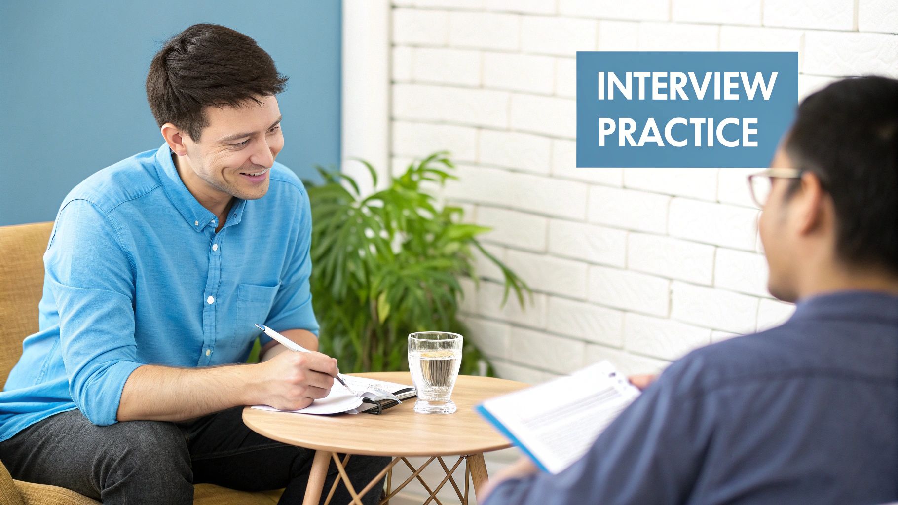 Two men in an office setting engaged in an interview practice session, one taking notes.