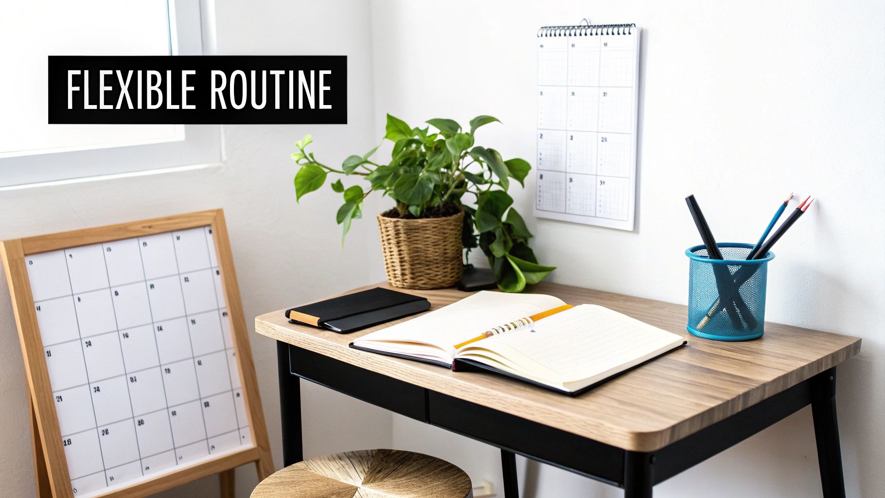 A tidy home office desk with notebooks, a plant, and calendars for a flexible routine.