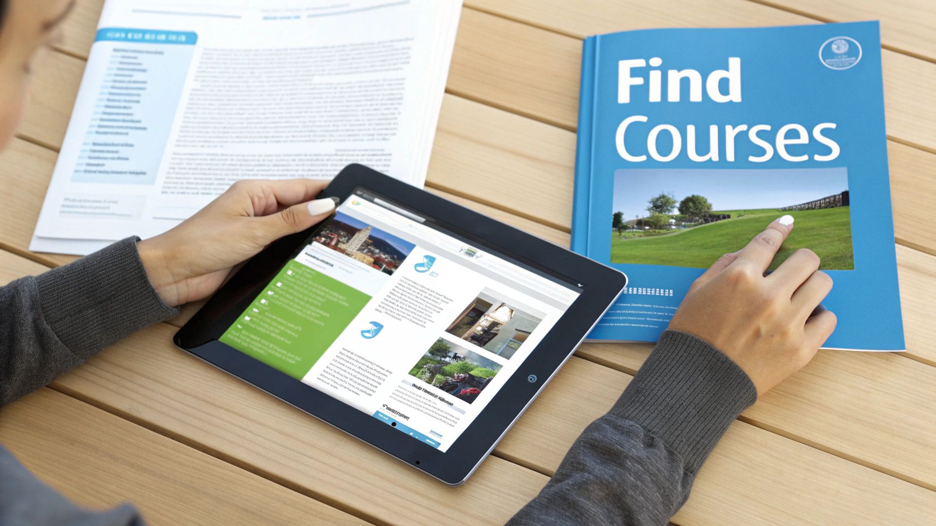 A person interacts with a digital tablet displaying a website and a 'Find Courses' book.