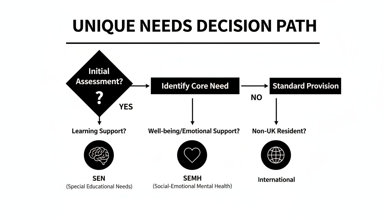 Flowchart detailing the unique needs decision path for educational, emotional, and international support.