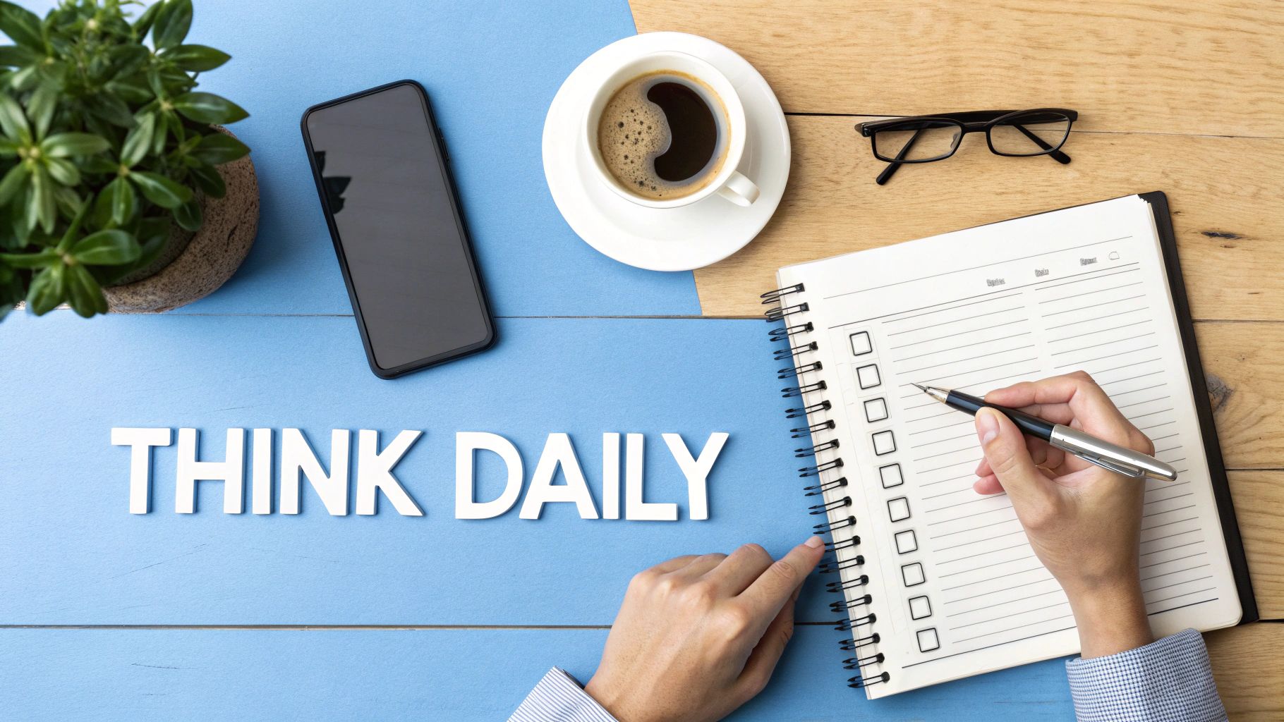 Overhead view of a workspace with 'THINK DAILY' text, a phone, coffee, and a person writing in a notebook.