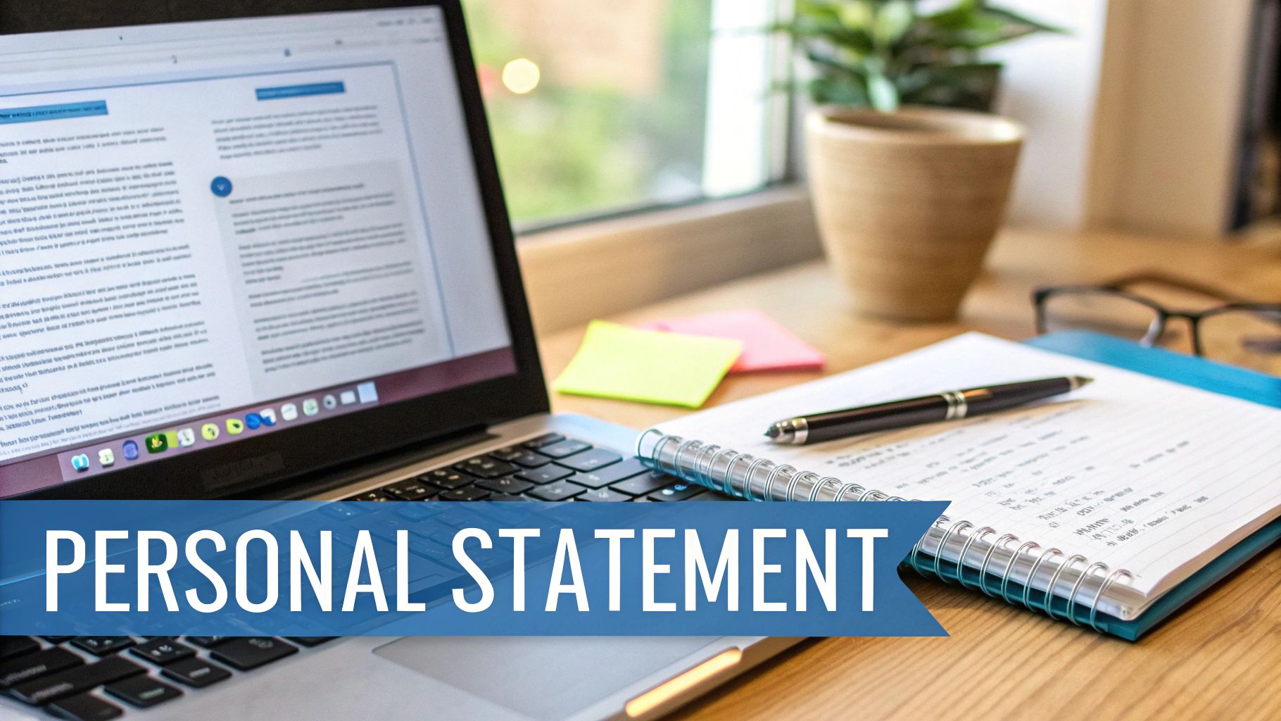 A person writing a personal statement on a laptop, with midwifery textbooks nearby.