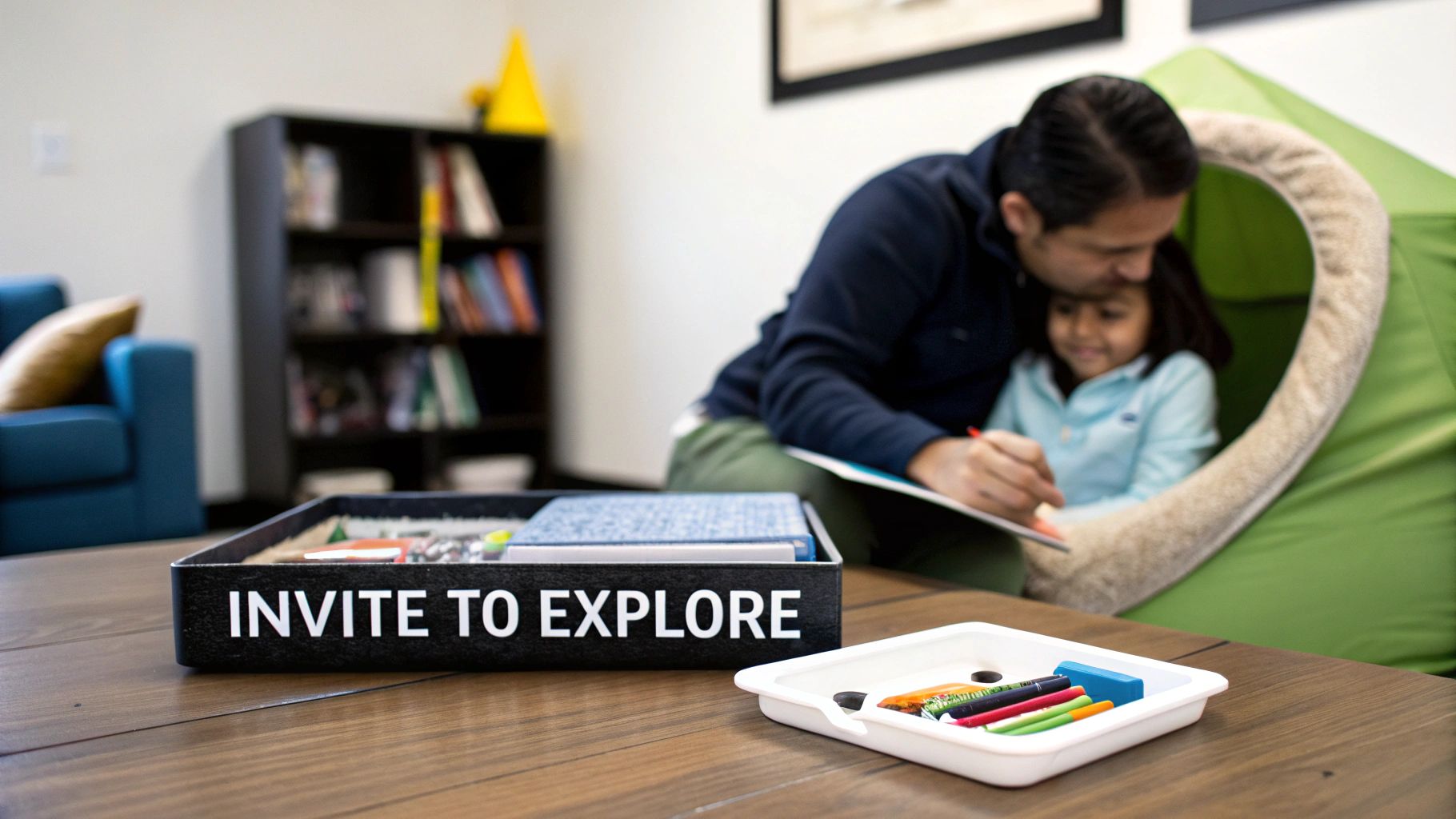 Parent and child engaging in creative learning activity together in modern home setting