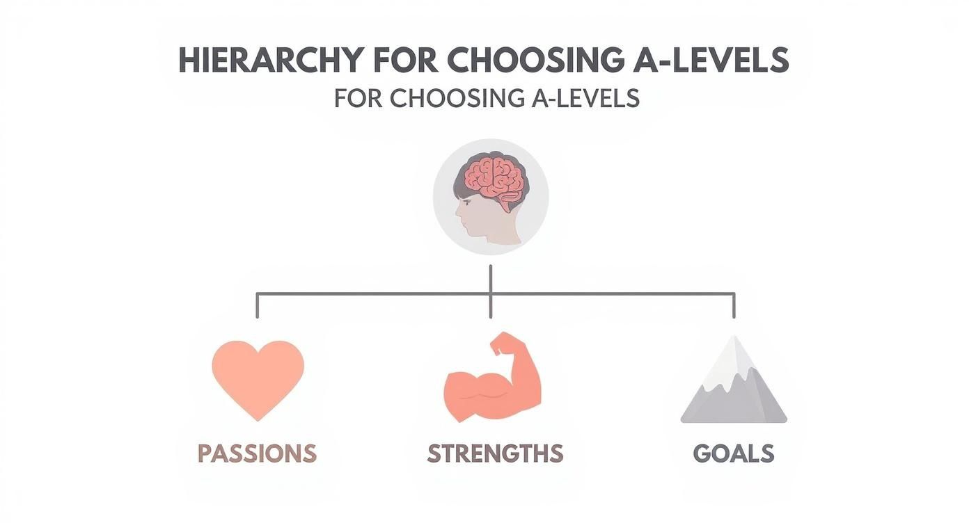 Infographic showing a hierarchy for choosing A-levels, starting with the child, then branching to their passions, strengths, and goals.