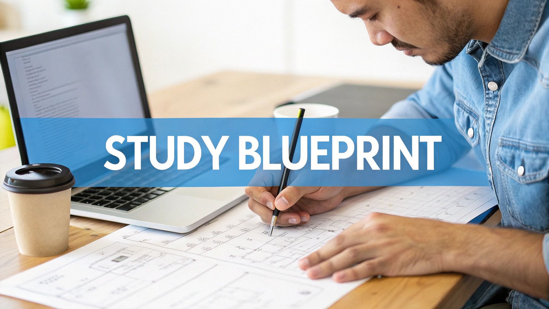A person writing on a blueprint with a pencil, laptop, and coffee cup on a desk, with 'STUDY BLUEPRINT' overlay.