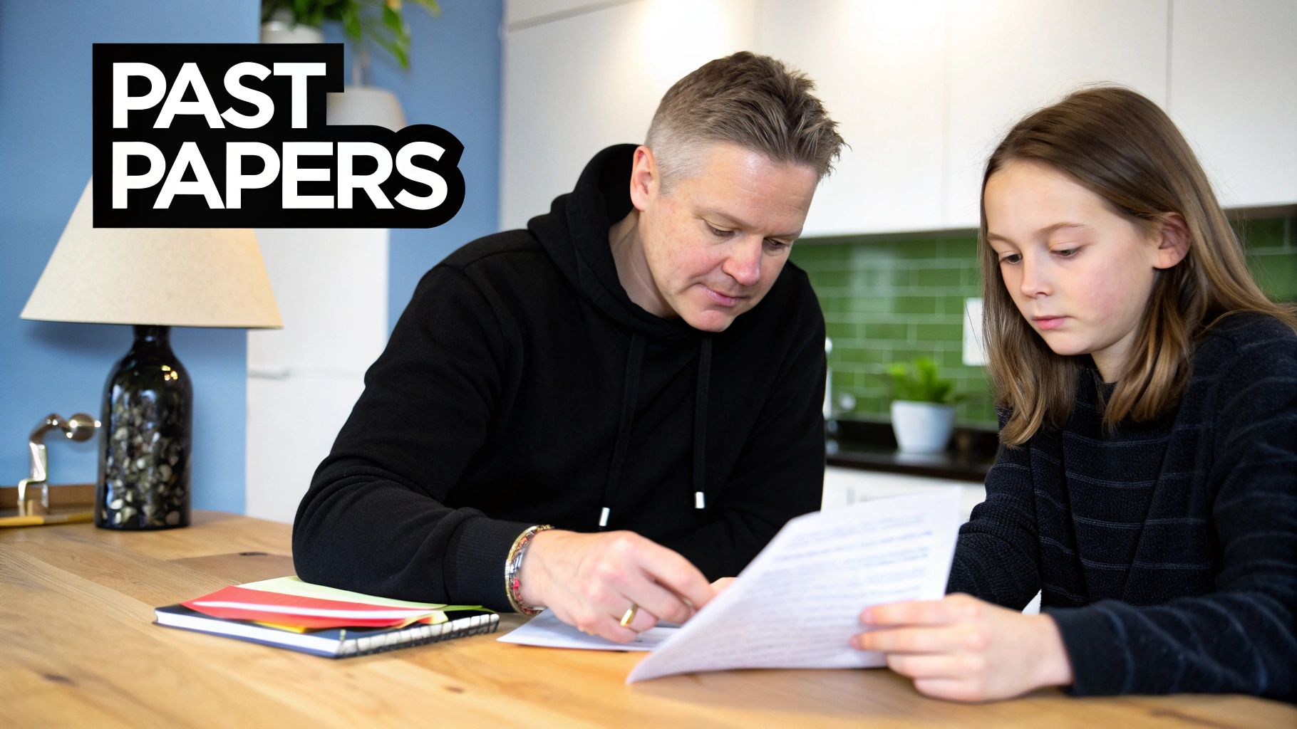 A man and a girl studying past papers together at a wooden table.