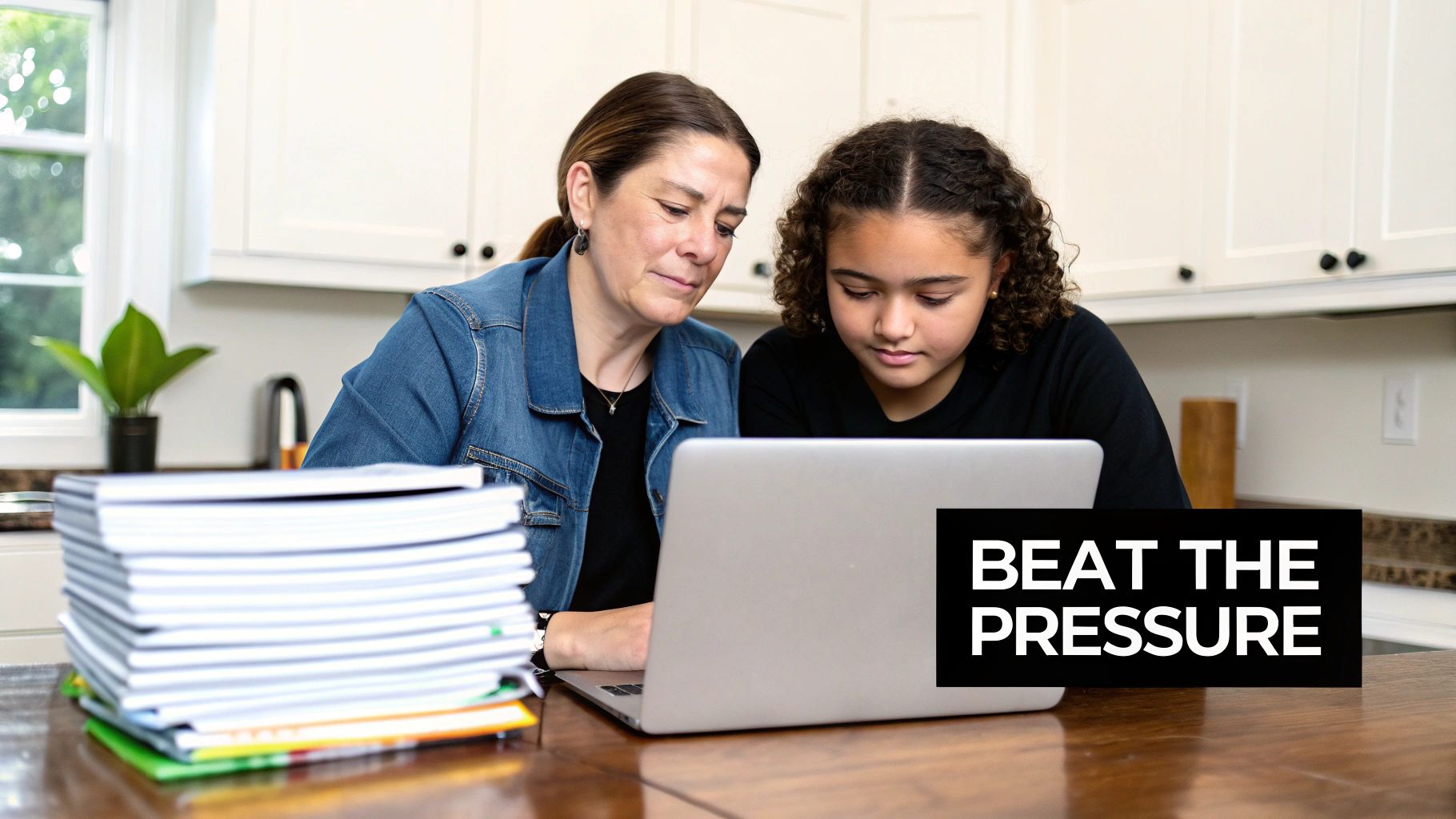 A woman and a girl look at a laptop, surrounded by books, suggesting studying or homework.
