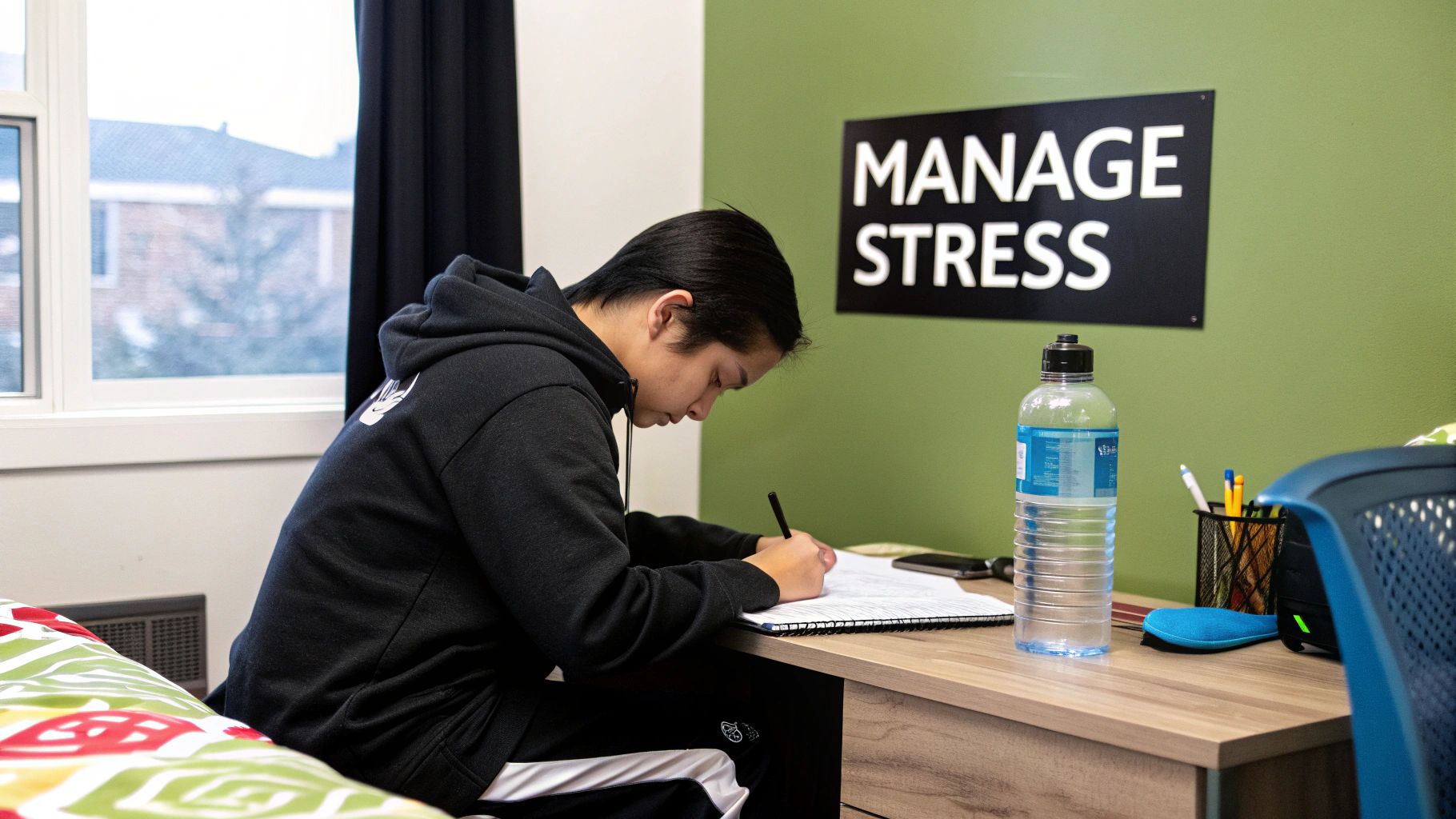 A student in a black hoodie writes diligently at a desk, with a 'MANAGE STRESS' sign on the wall.