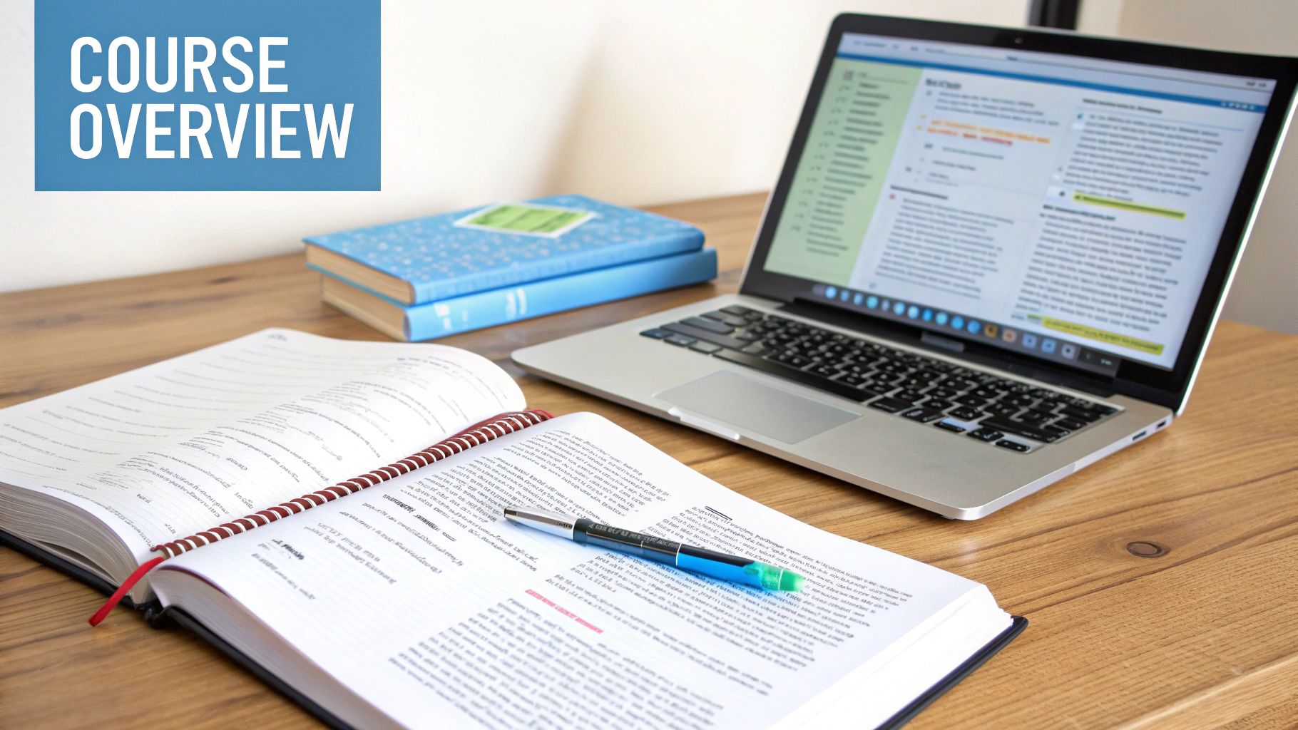 A study desk with an open book, pen, laptop displaying an online course, and stacked books, featuring 'COURSE OVERVIEW'.