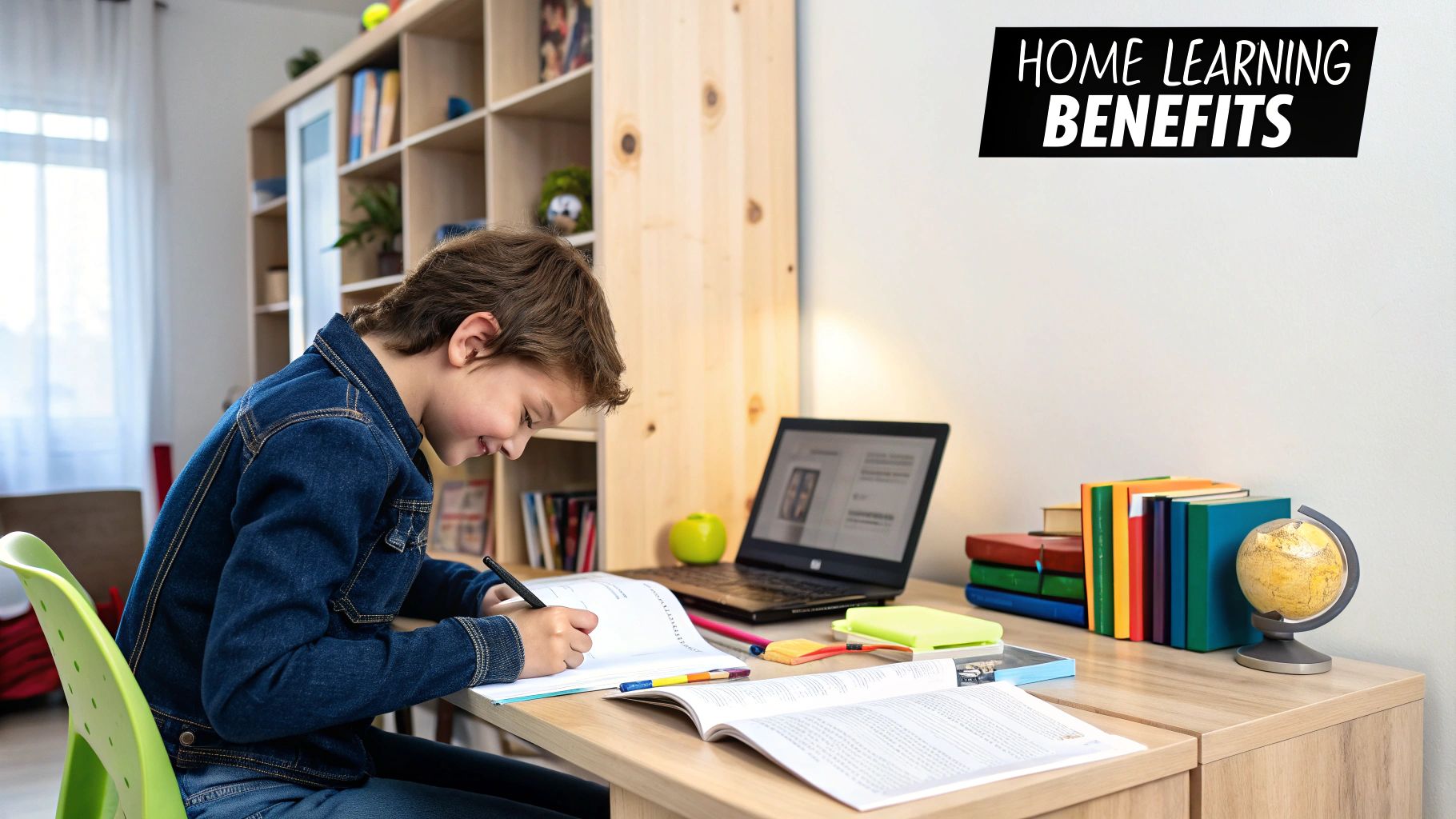 A parent and child working together at a desk with books and a laptop, smiling.