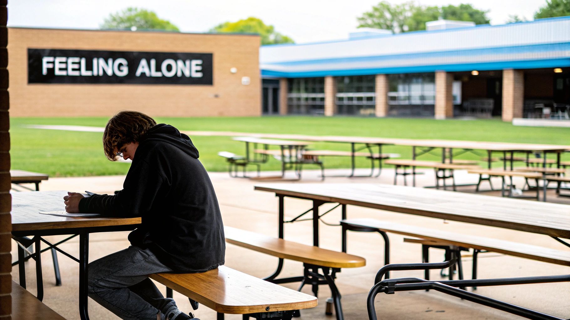 A child sitting alone on a bench, representing social withdrawal as an indicator of bullying.