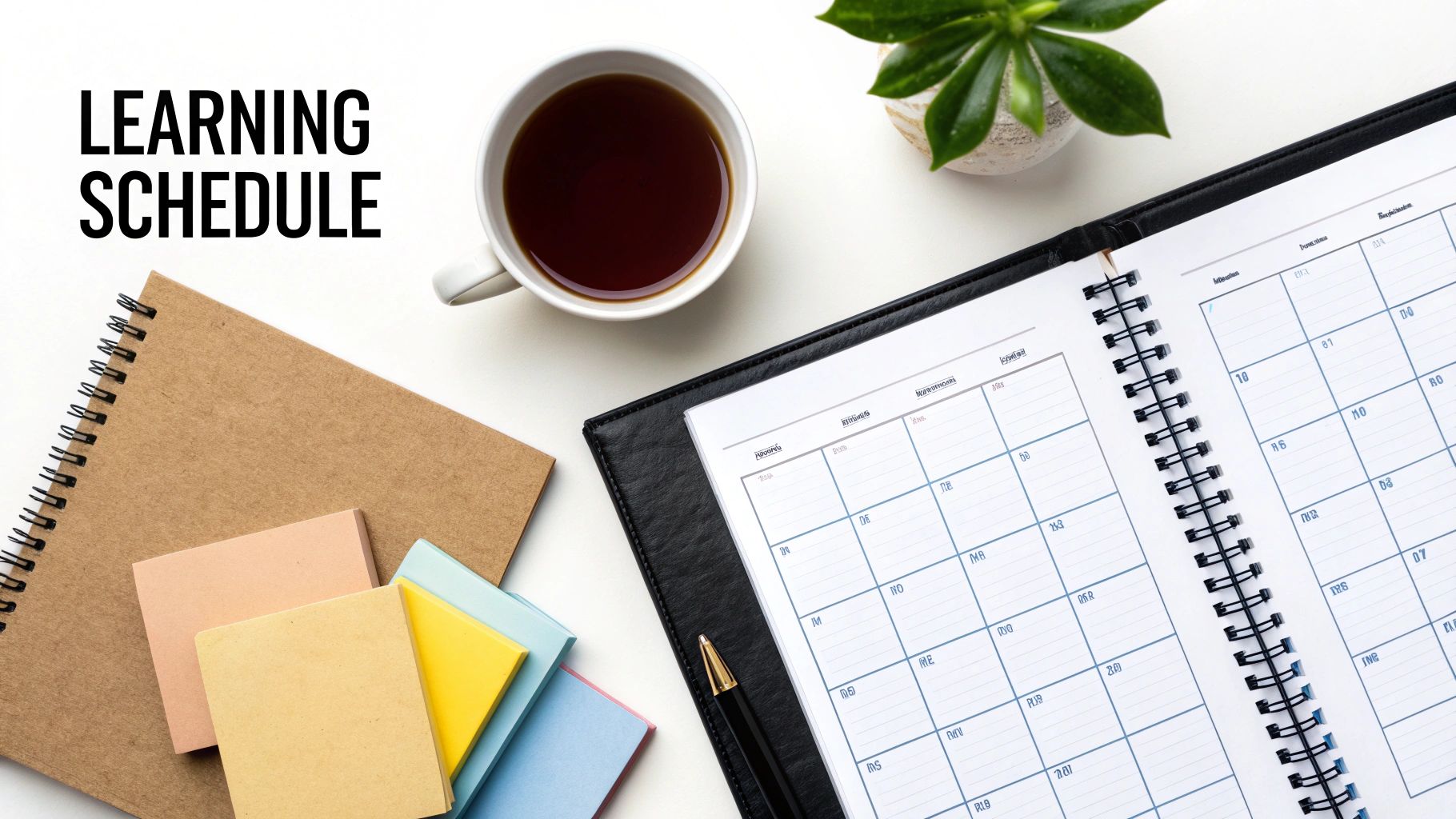 Overhead view of a learning schedule planner, notebooks, sticky notes, and a cup on a white desk.