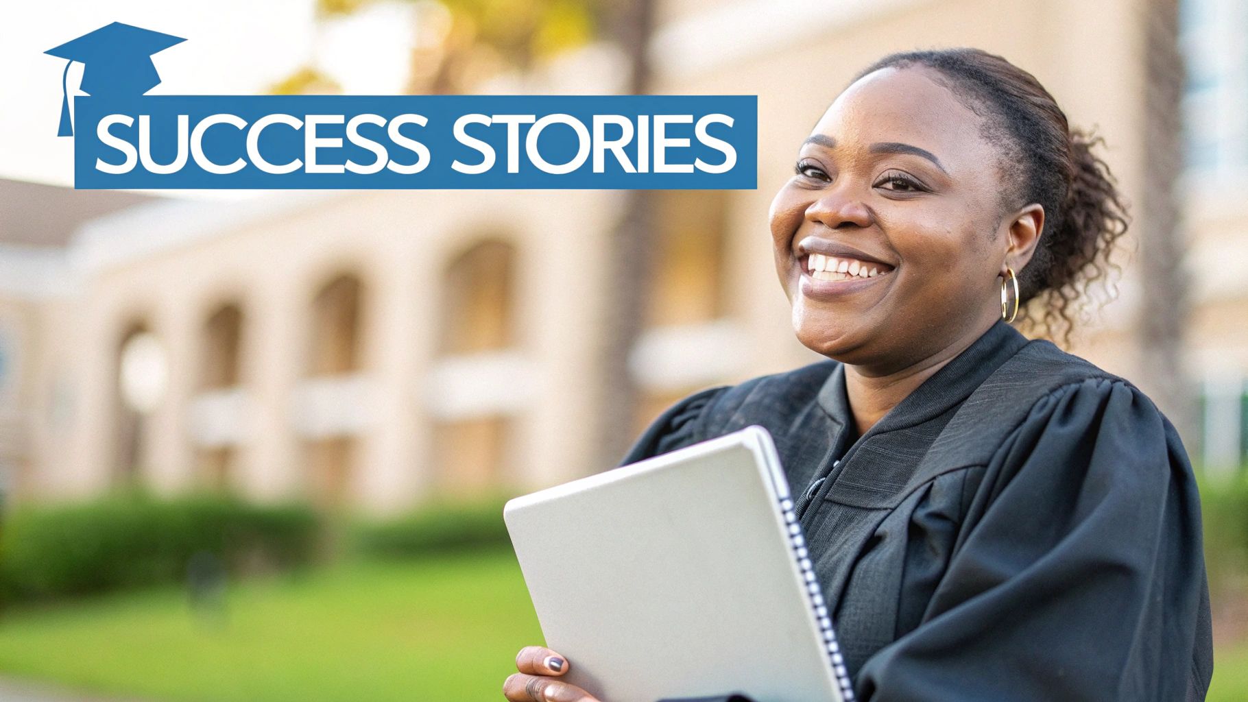 Smiling Black woman in graduation gown holds a notebook, with a 'SUCCESS STORIES' banner.