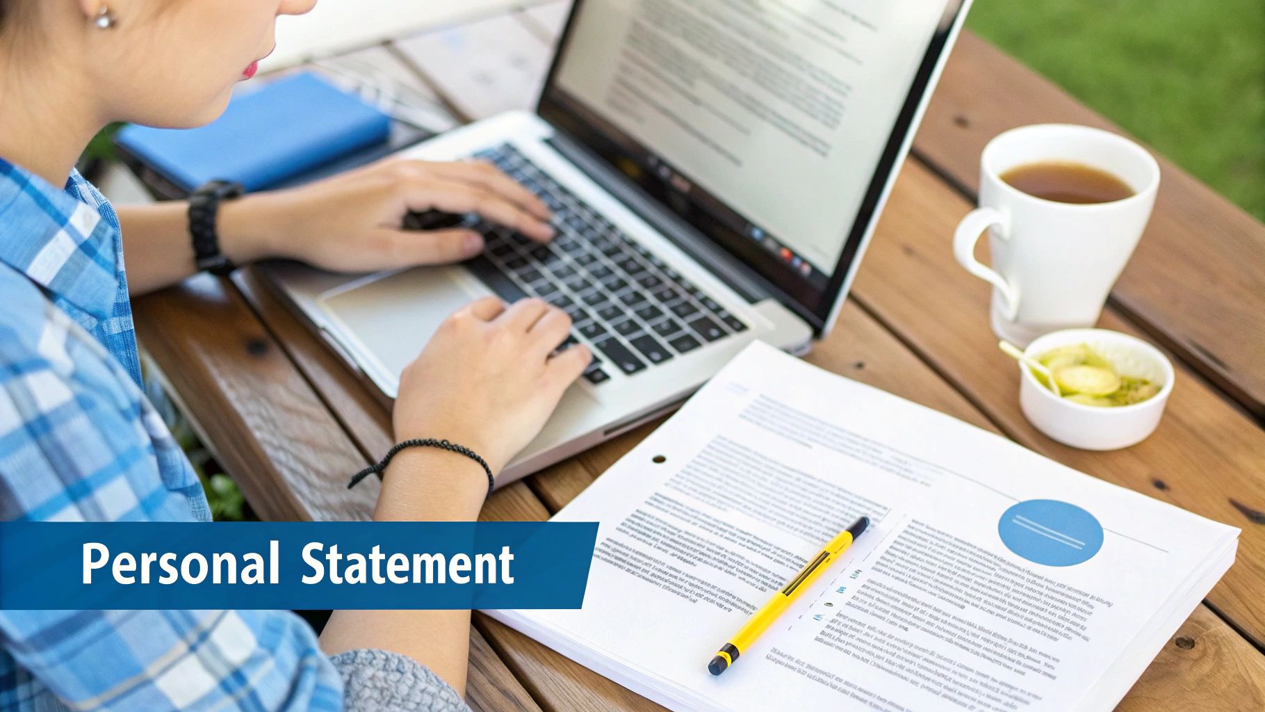 Student writing a personal statement on a laptop, surrounded by study materials and refreshments.