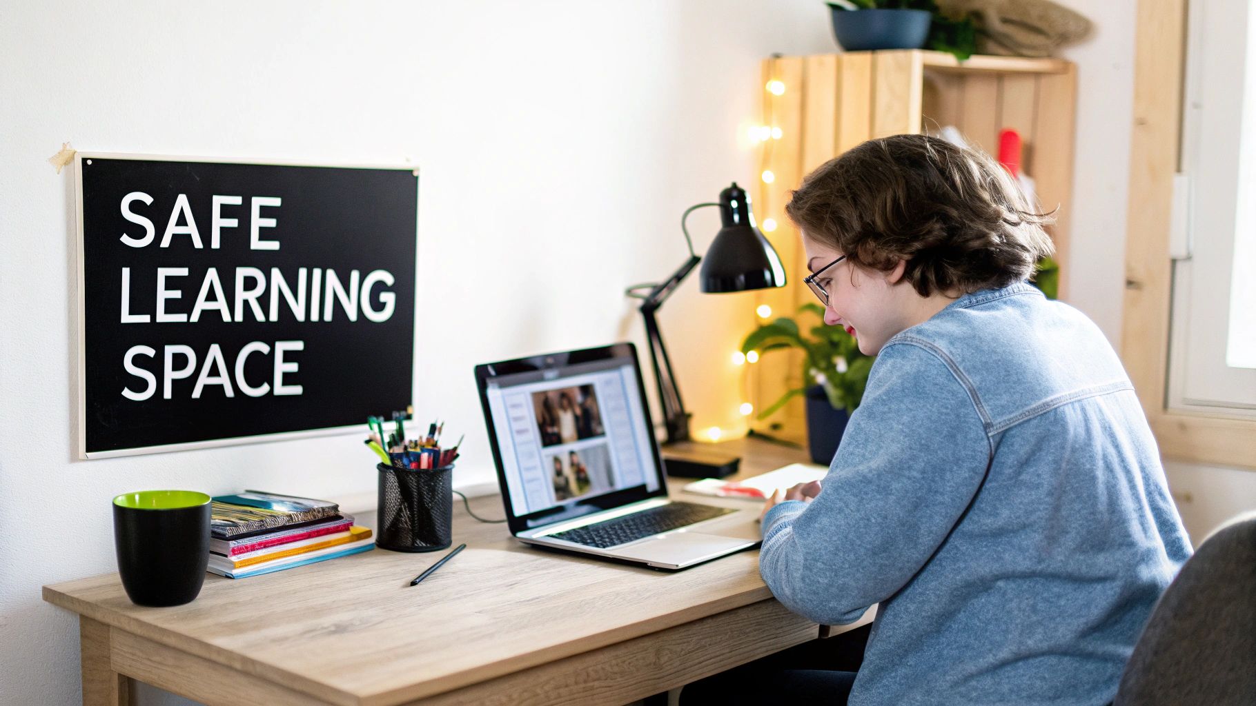 A student works on a laptop at a bright desk with a 'SAFE LEARNING SPACE' sign, books, and a lamp.