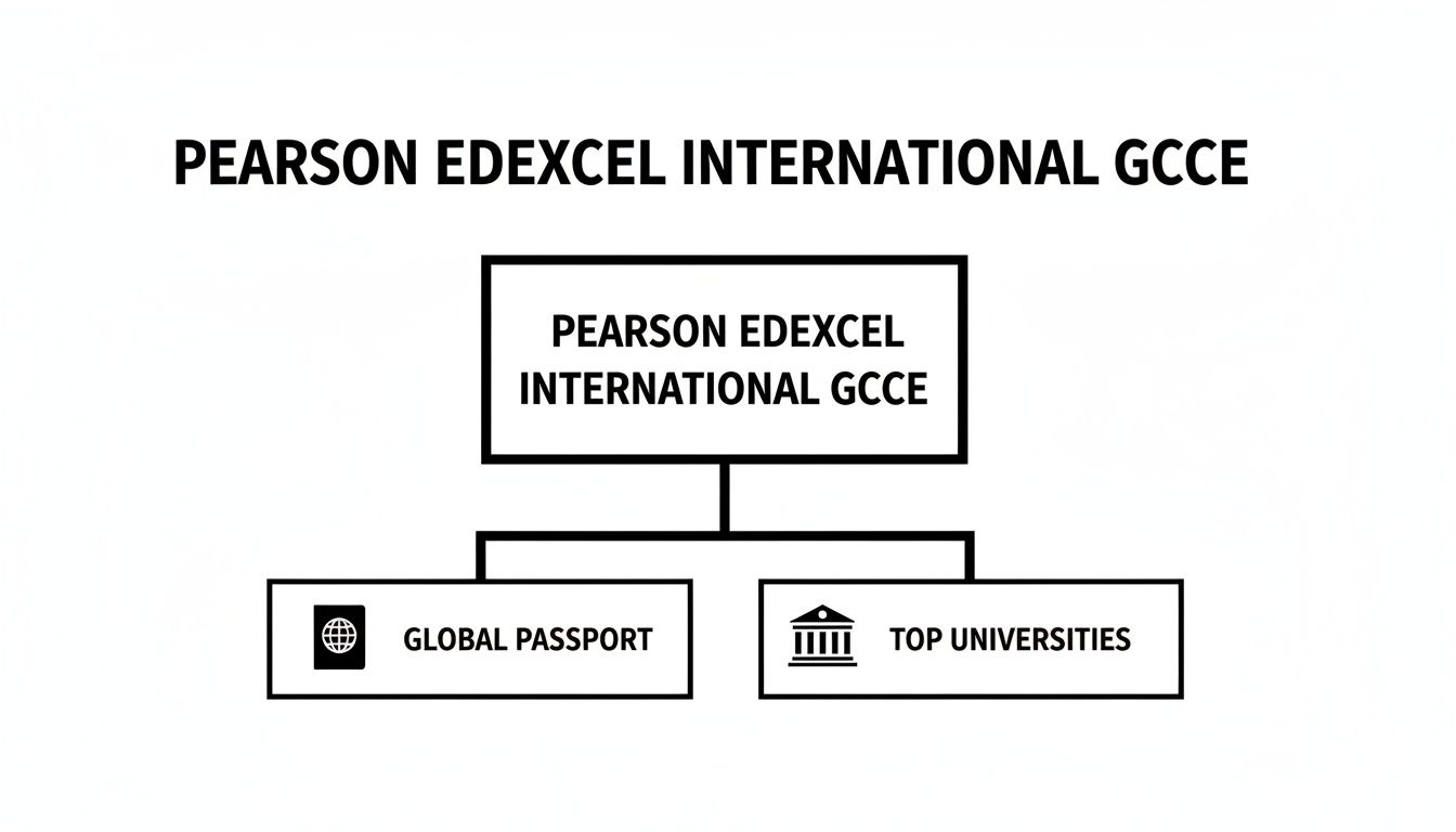 Diagram illustrating Pearson Edexcel International GCSE leading to a global passport and top universities.