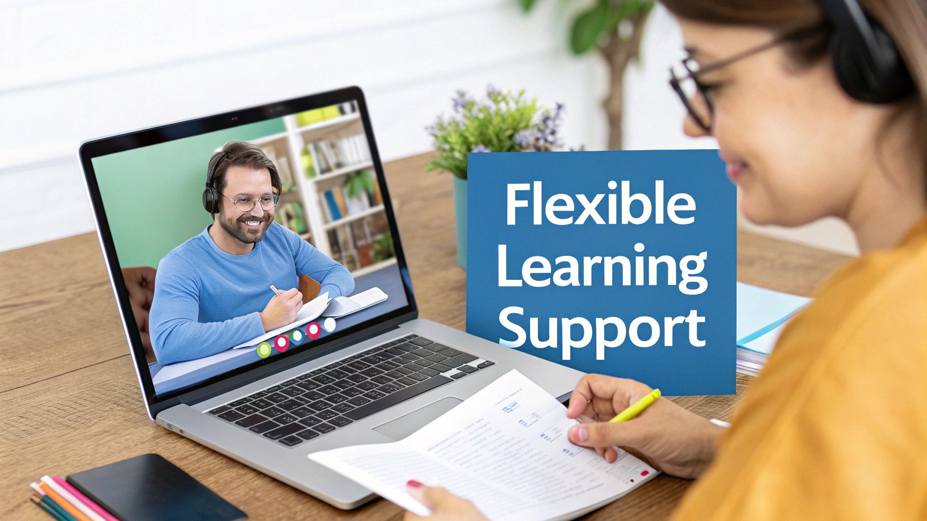 A woman with headphones studies from a laptop, engaging in a virtual class with a male instructor, while a 'Flexible Learning Support' sign is visible.