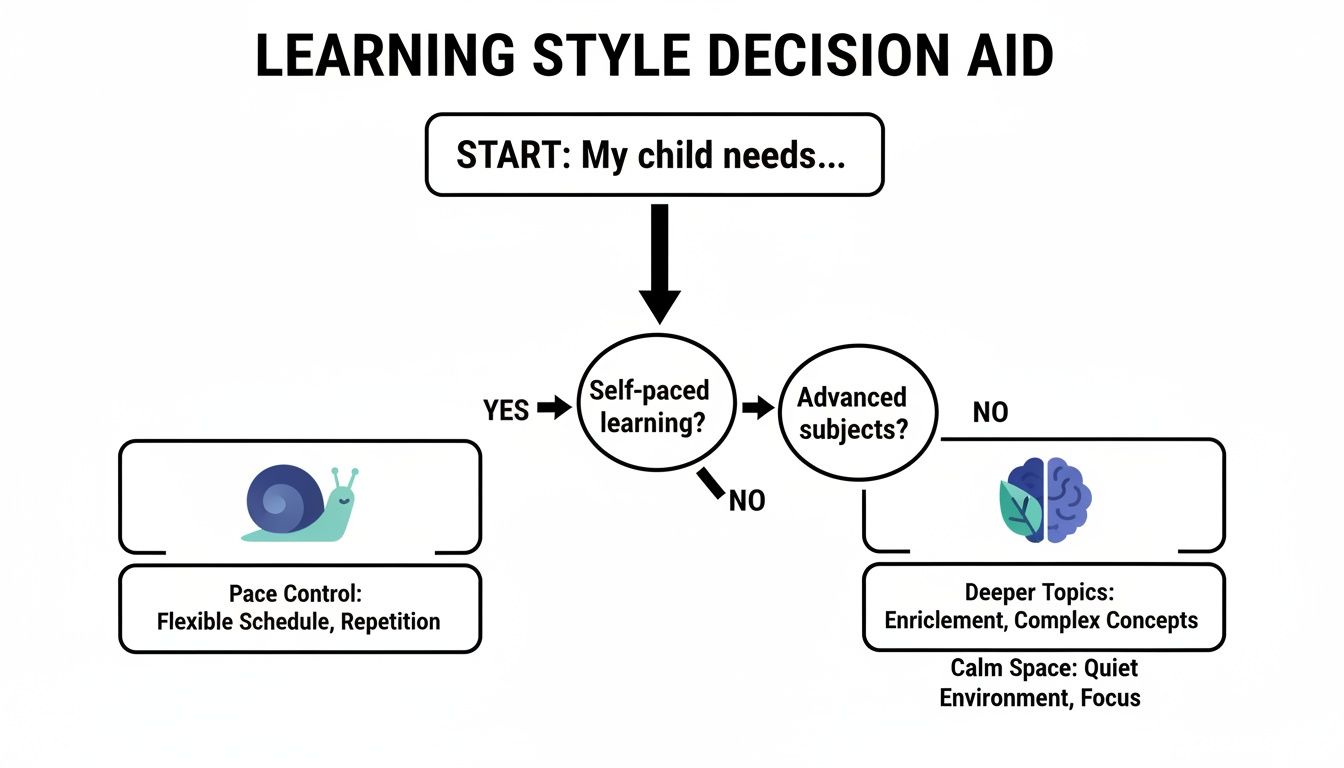 Flowchart illustrating a learning style decision aid, guiding choices based on self-paced or advanced subjects.