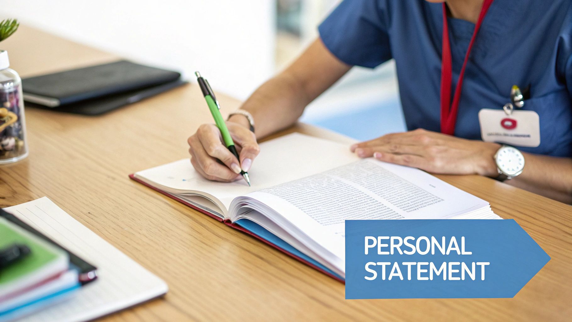 A person in blue scrubs writes a personal statement in a book with a green pen.
