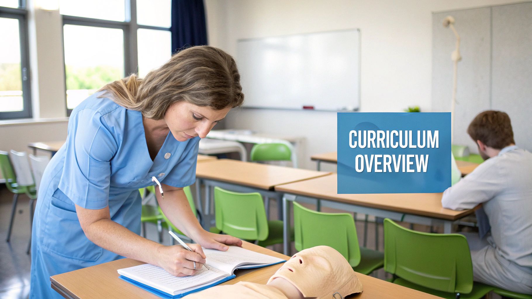 A group of nursing students in a classroom, attentively listening to a lecture.