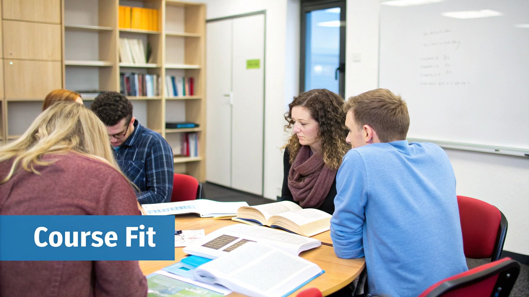 A group of university students studying together around a wooden table with open books in a library.