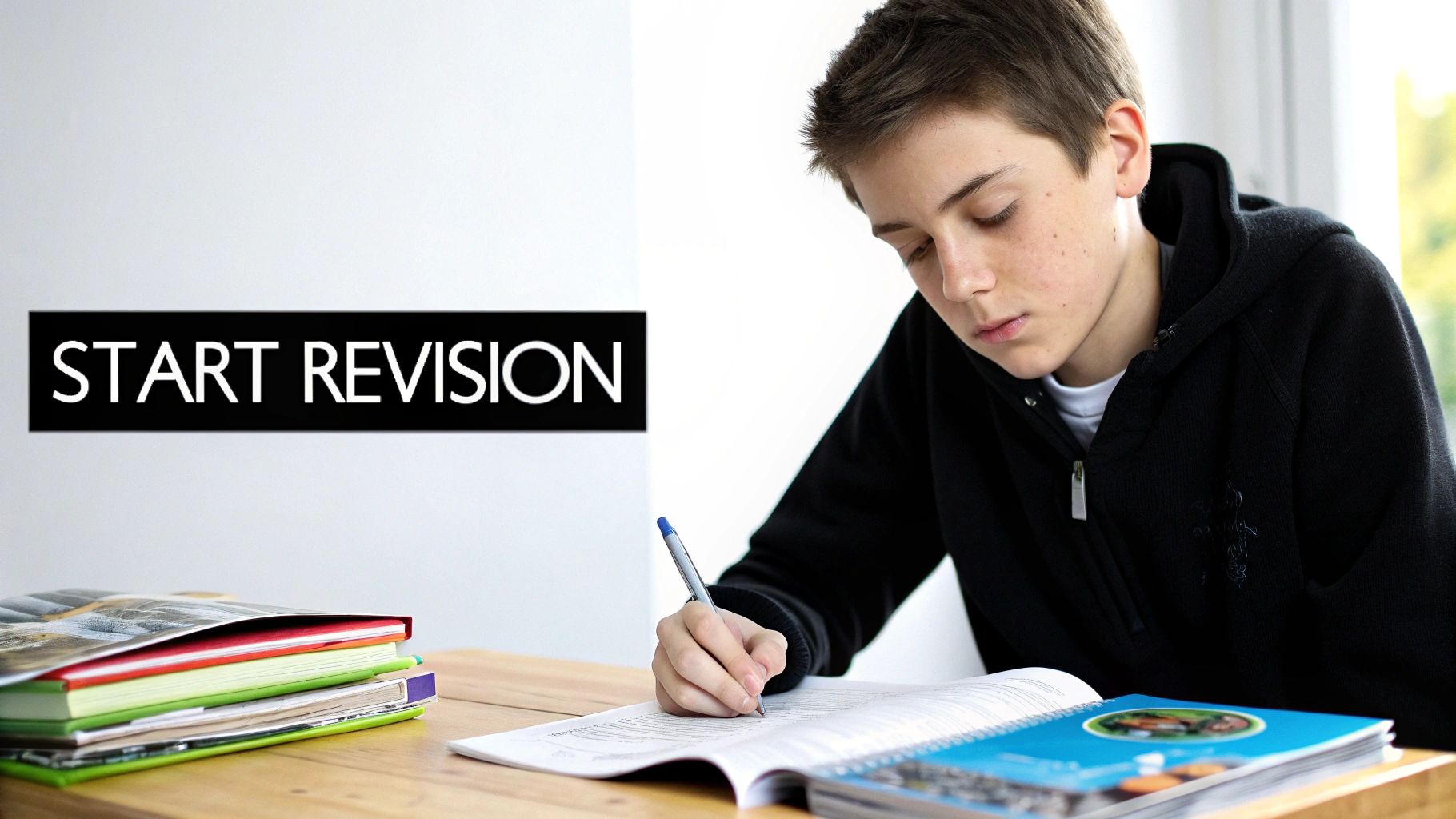 A focused student writes in a notebook at a desk with books, with "START REVISION" text.