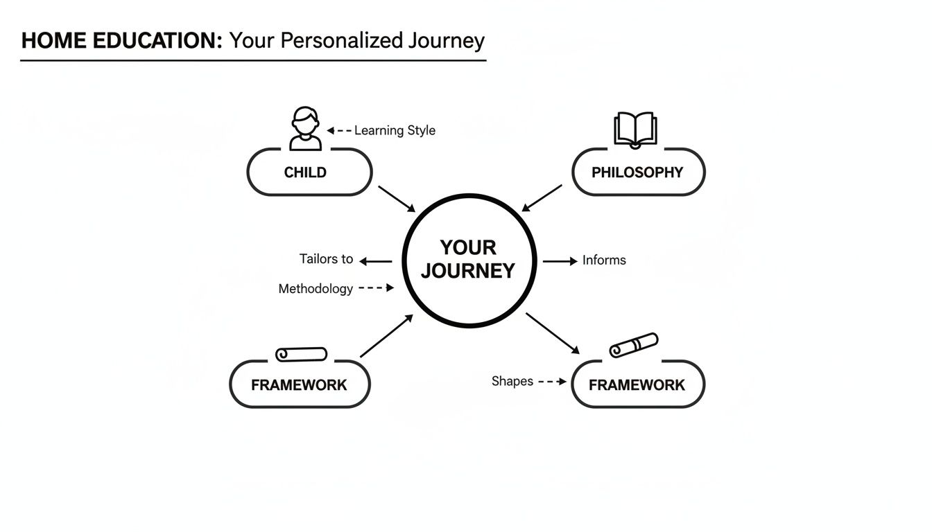 A diagram illustrating the interconnected factors of a personalized home education journey, including child, philosophy, and framework.