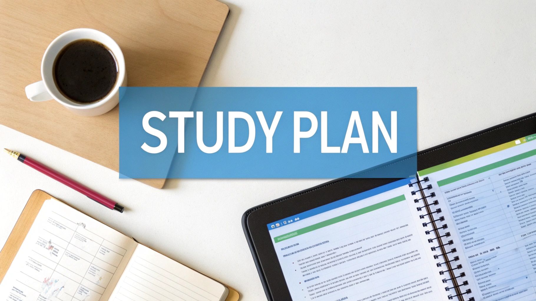 A flat lay of a study desk with coffee, an open notebook, a tablet, and a 'STUDY PLAN' banner.