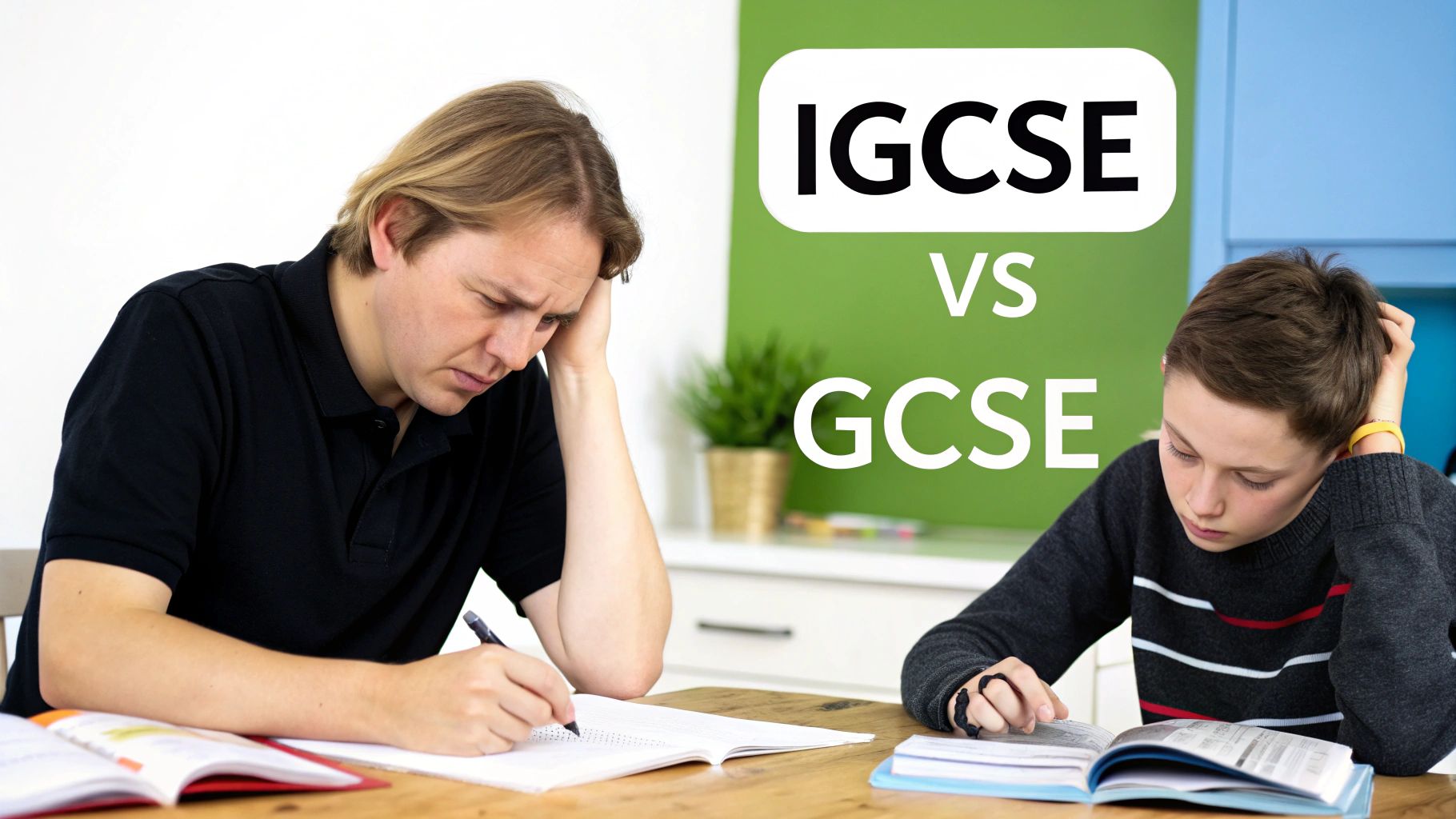Adult and child studying at a table, comparing IGCSE vs GCSE exams with a stressed expression.