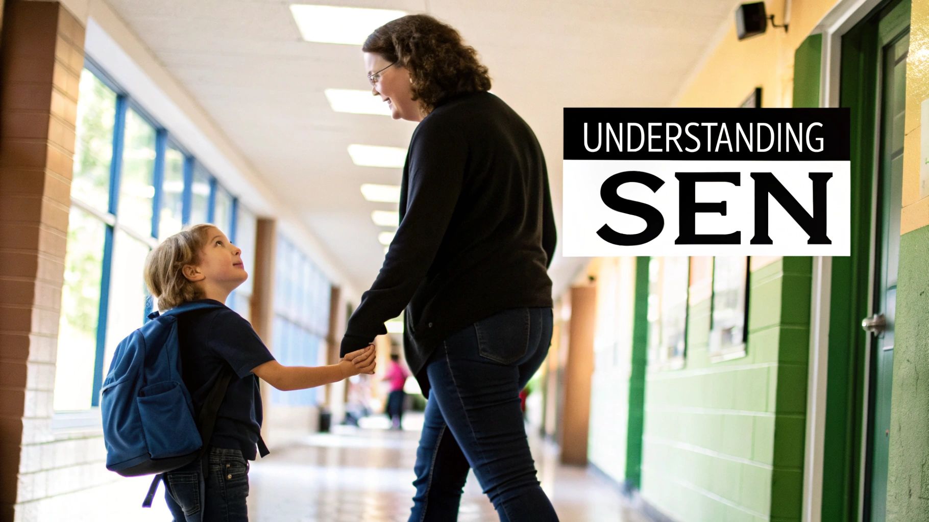 A smiling teacher helping a young student with their schoolwork in a classroom.