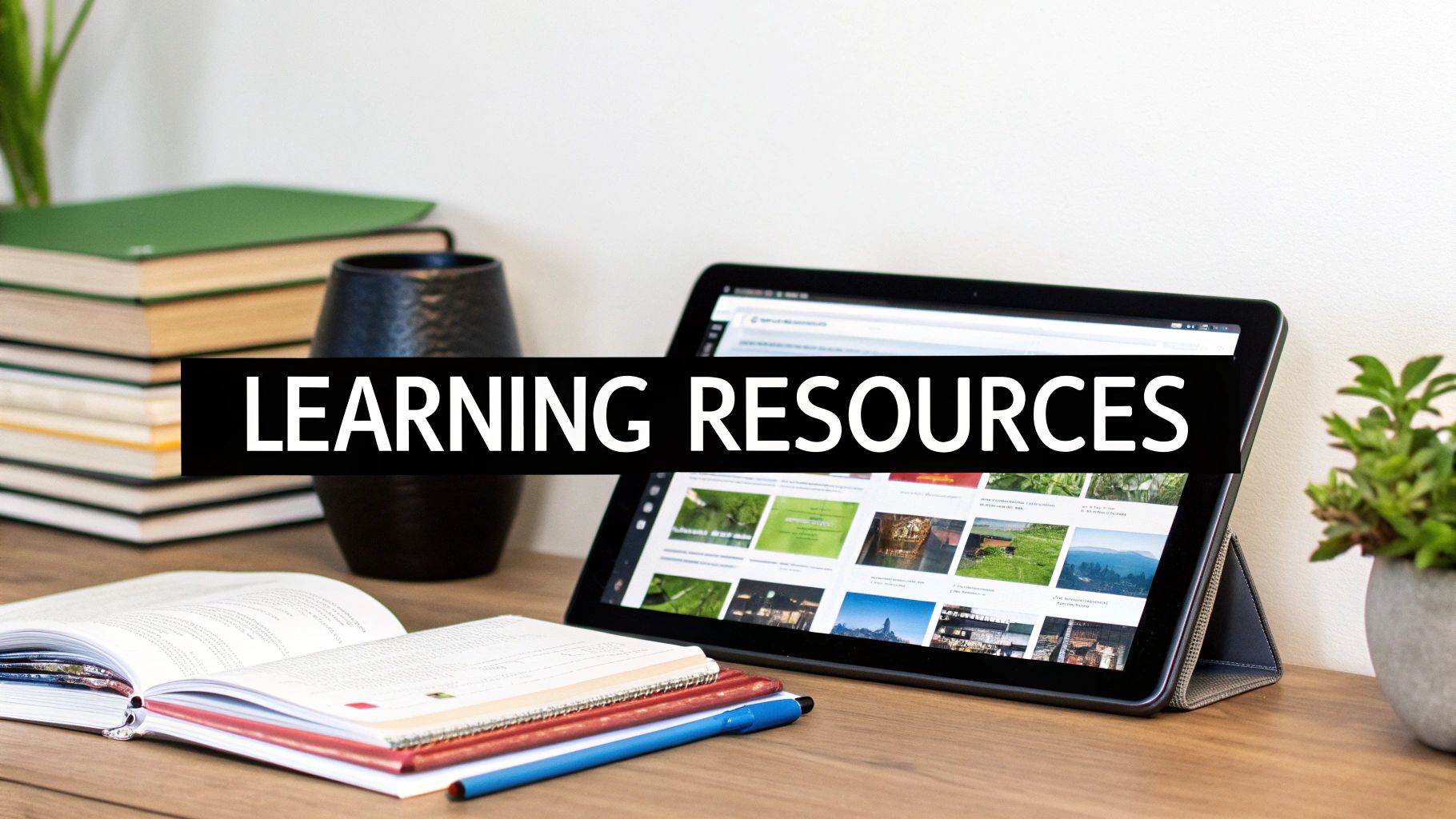 A colourful collection of homeschooling supplies like books, paints, and notebooks neatly arranged on a table.