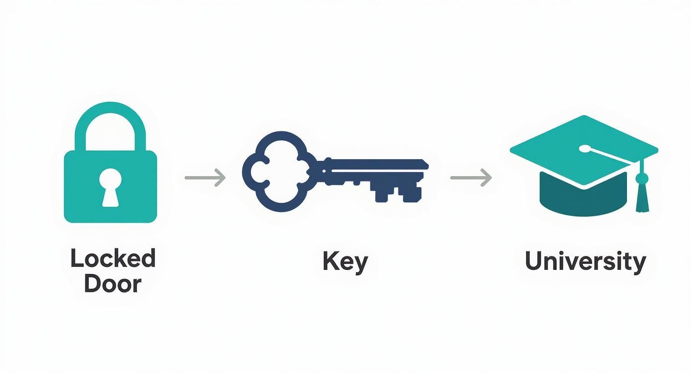 A visual metaphor showing a key unlocking access from a locked door to a university graduation cap.