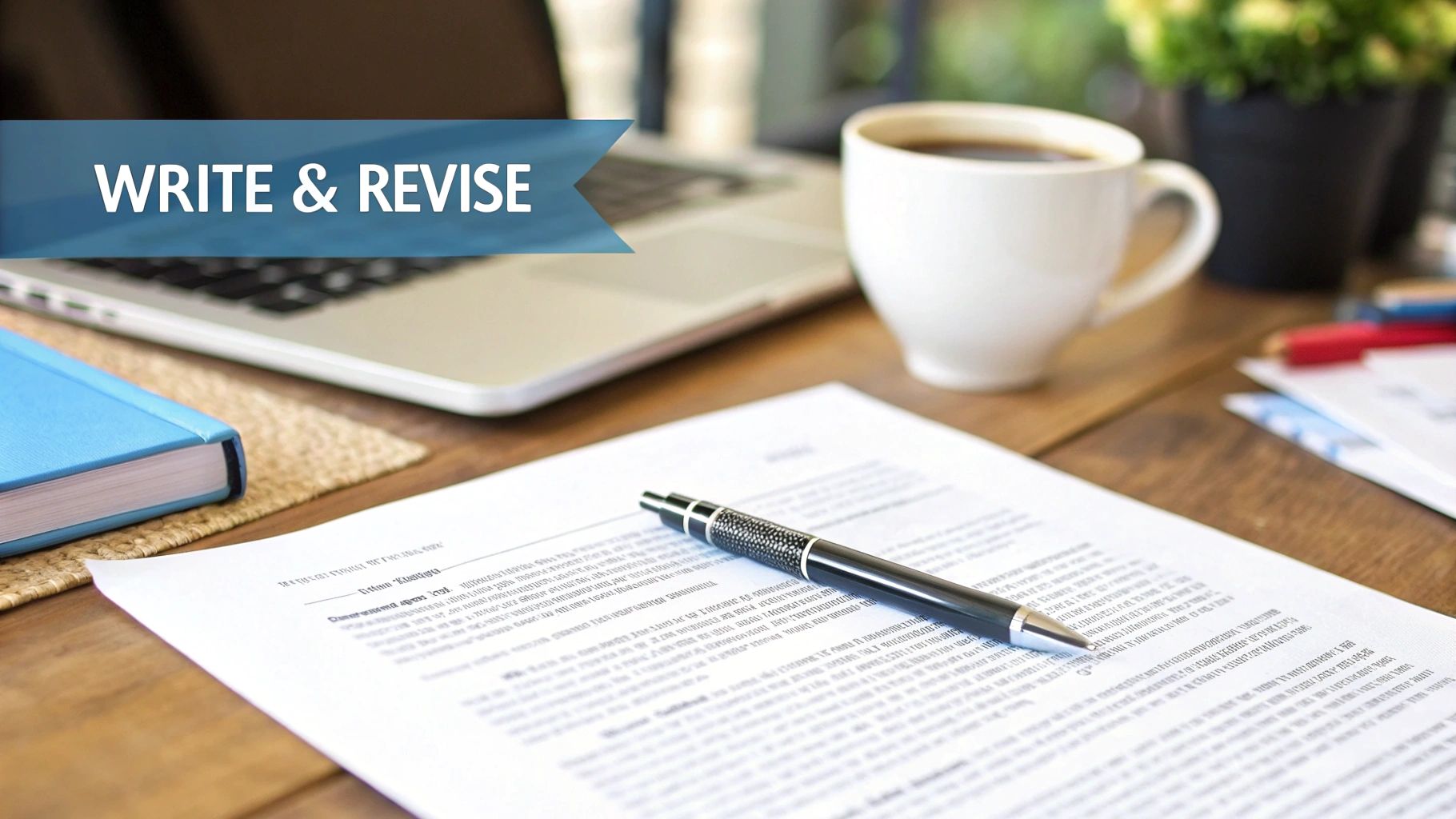 A professional workspace featuring a laptop, coffee cup, pen on a document, and a 'WRITE & REVISE' banner.