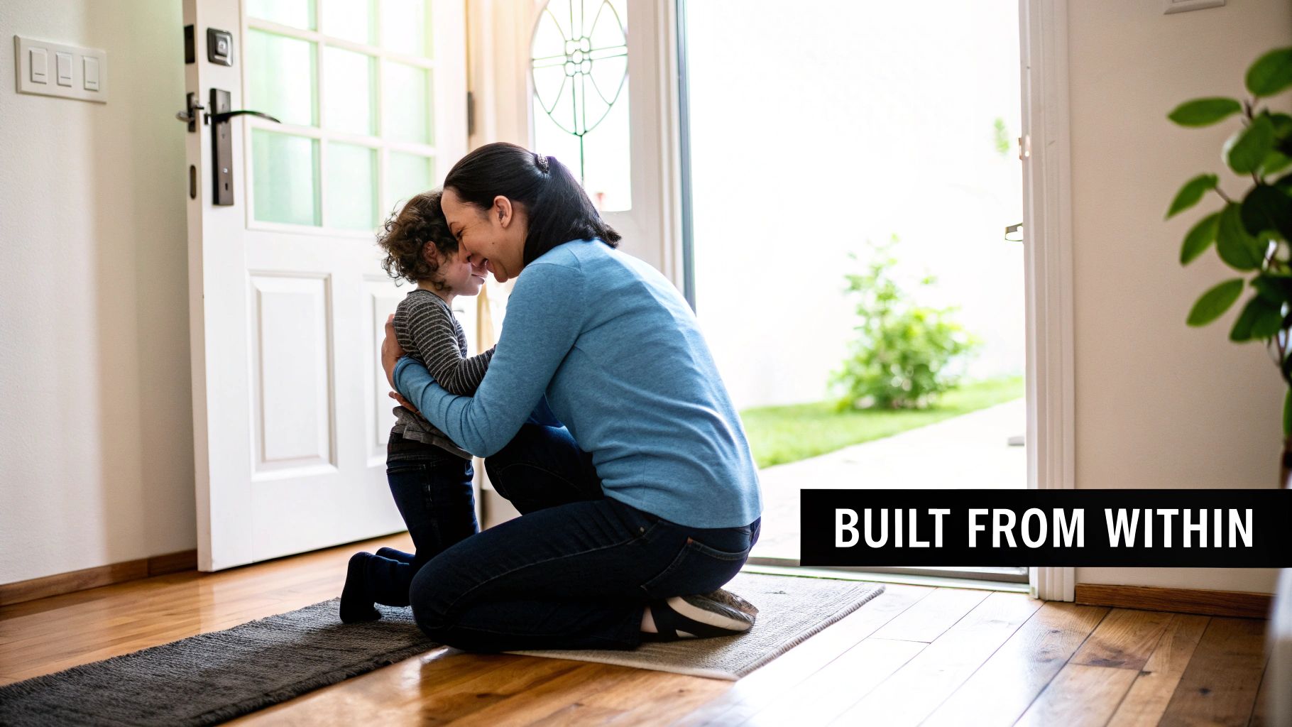 A mother kneels to hug her smiling child in a warm embrace by an open door.